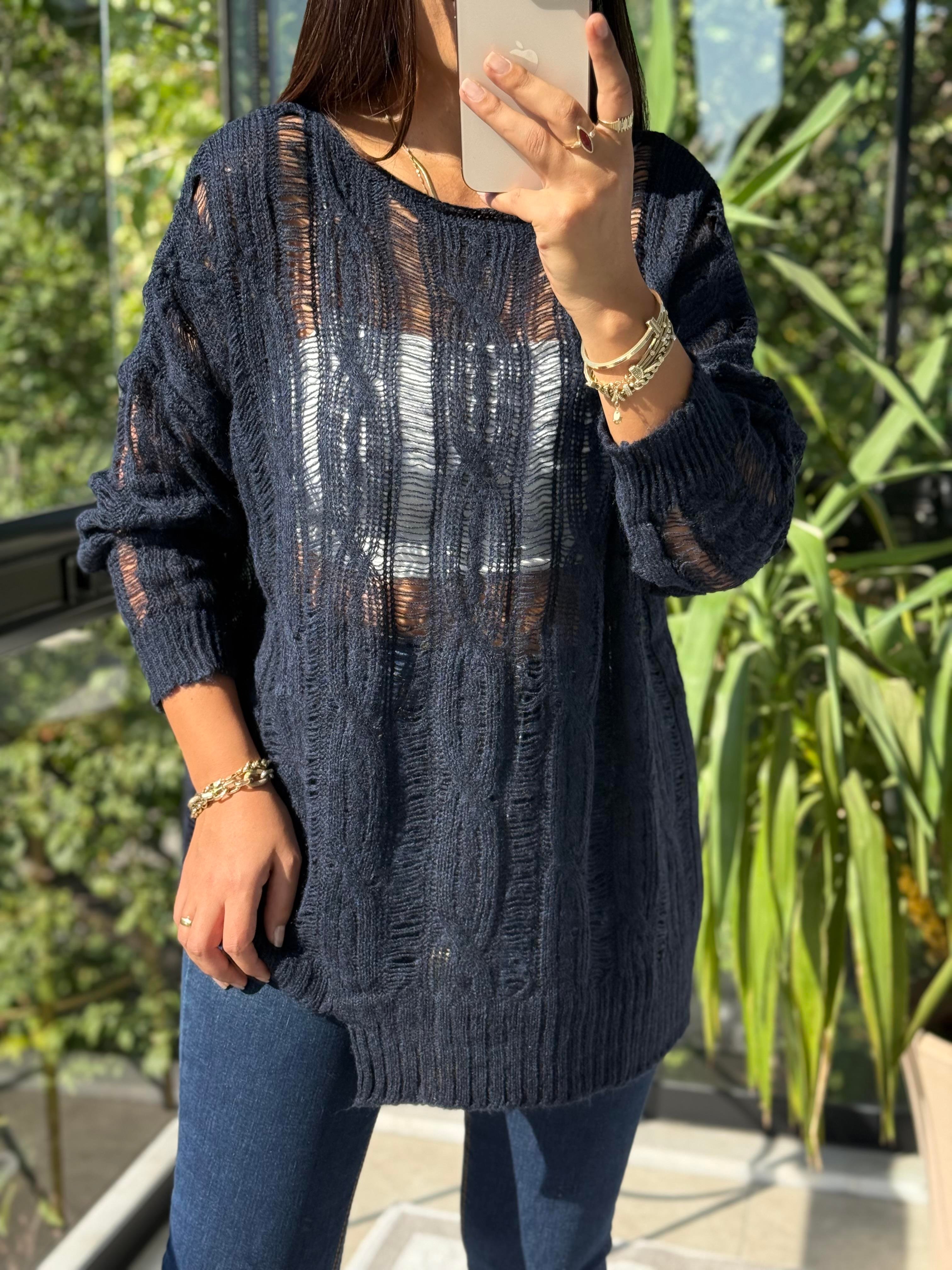 Saç Örgülü Ajurlu Kazak Lacivert