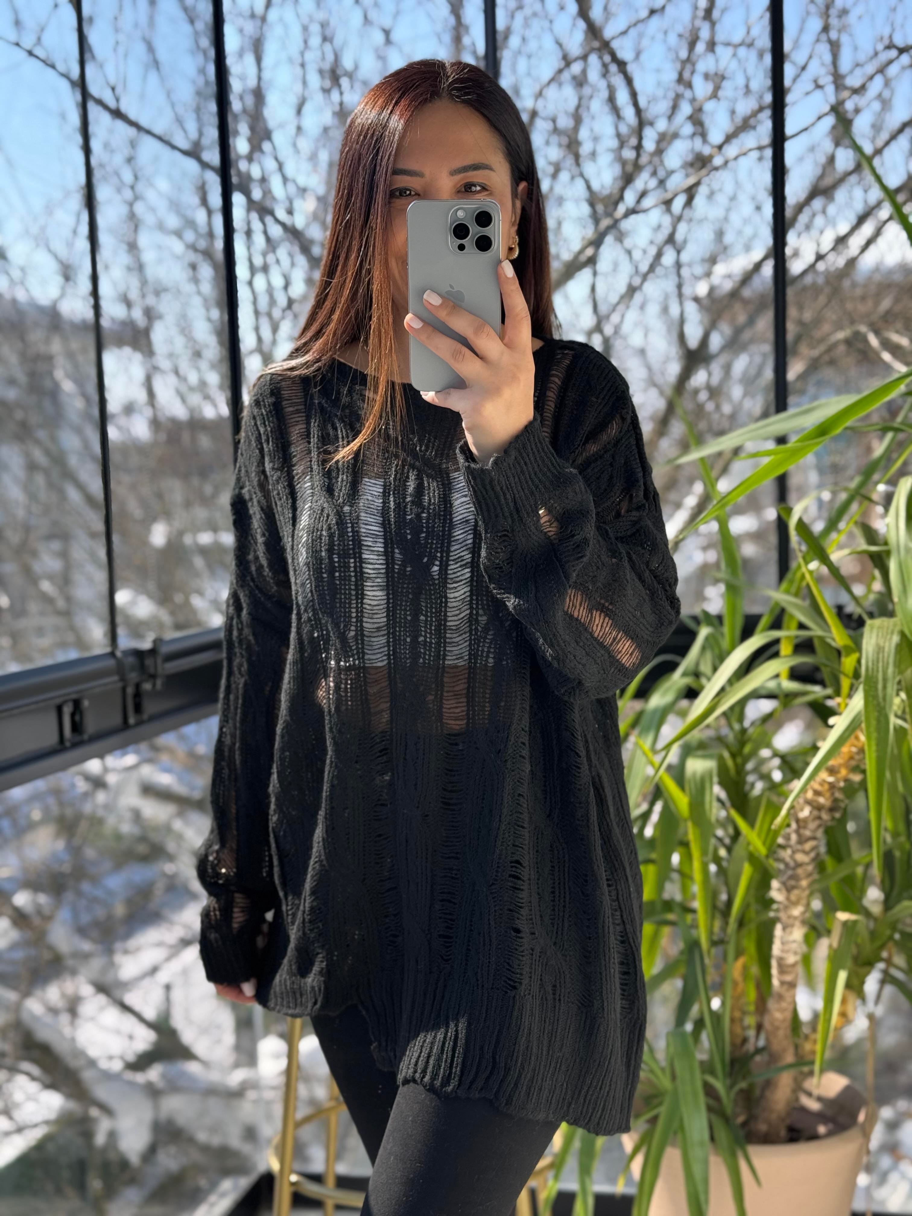 Saç Örgülü Ajurlu Kazak Siyah