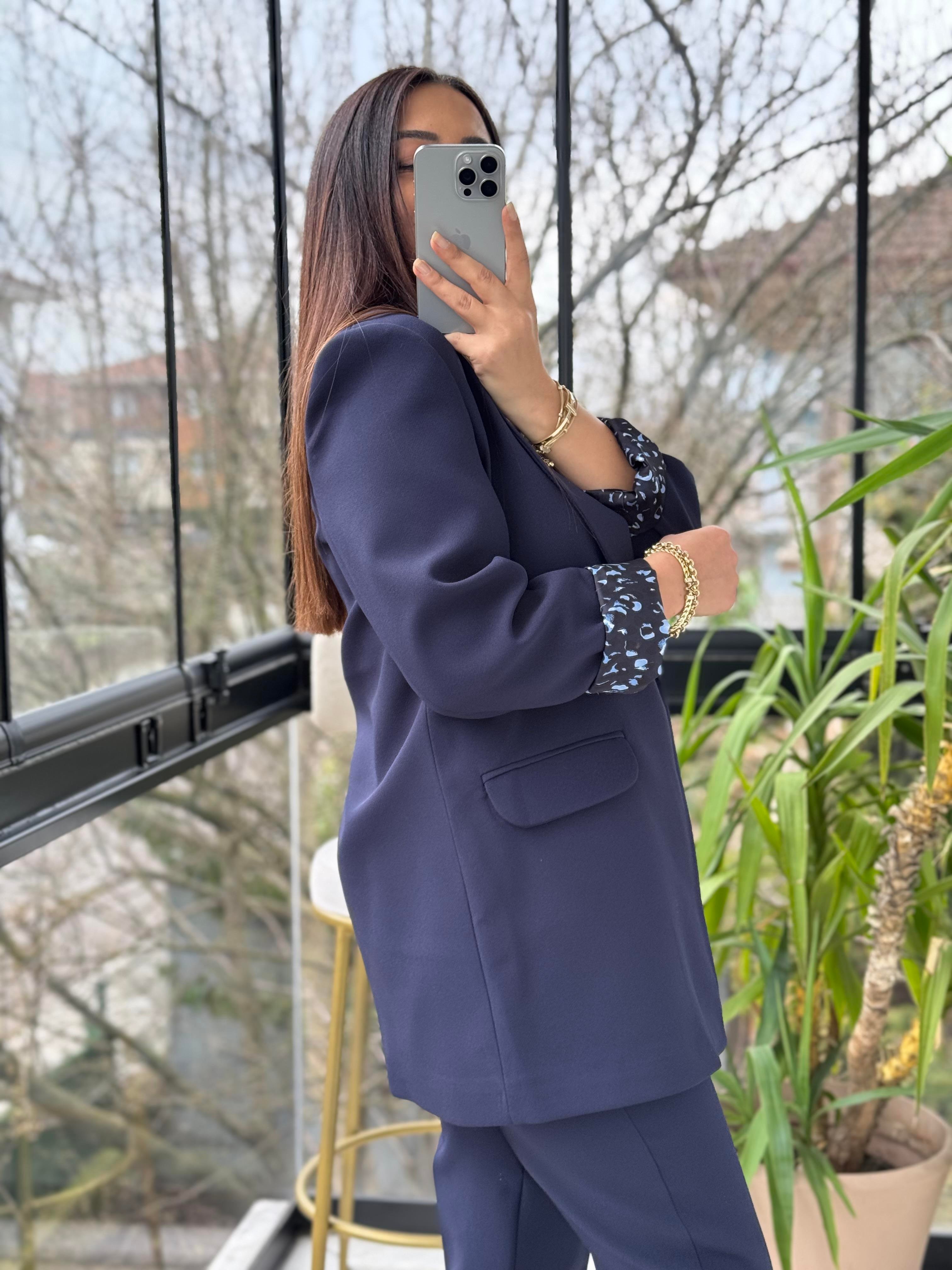 Şal Yaka İçi Leopar Blazer Ceket Lacivert