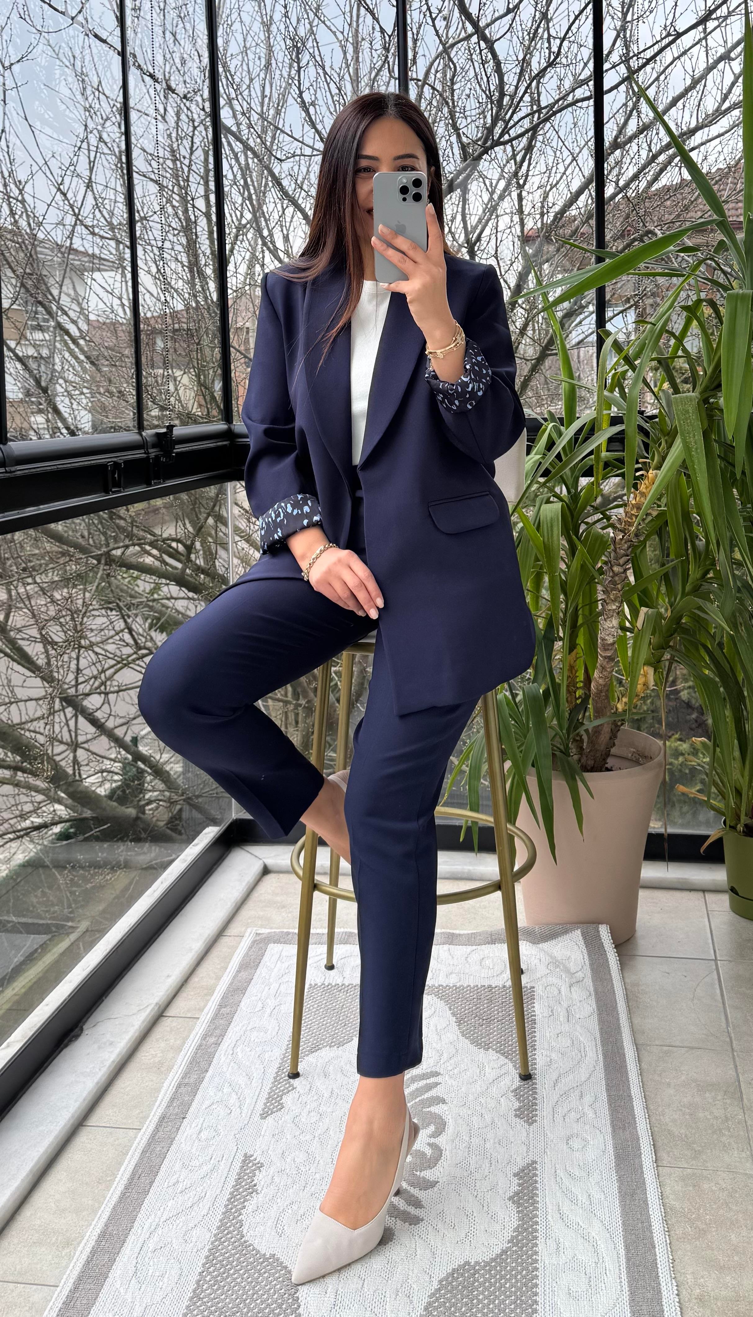 Şal Yaka İçi Leopar Blazer Ceket Lacivert
