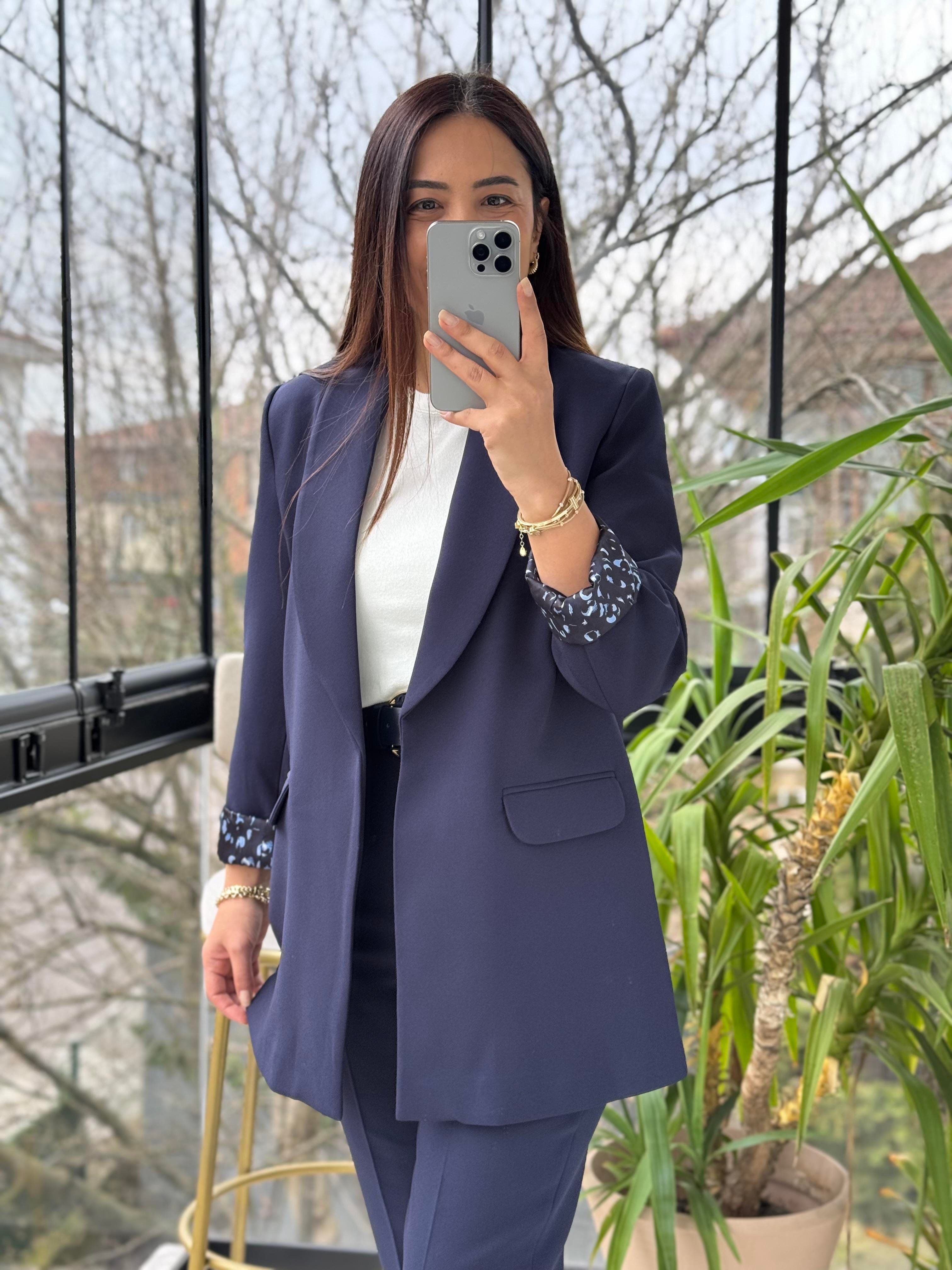 Şal Yaka İçi Leopar Blazer Ceket Lacivert