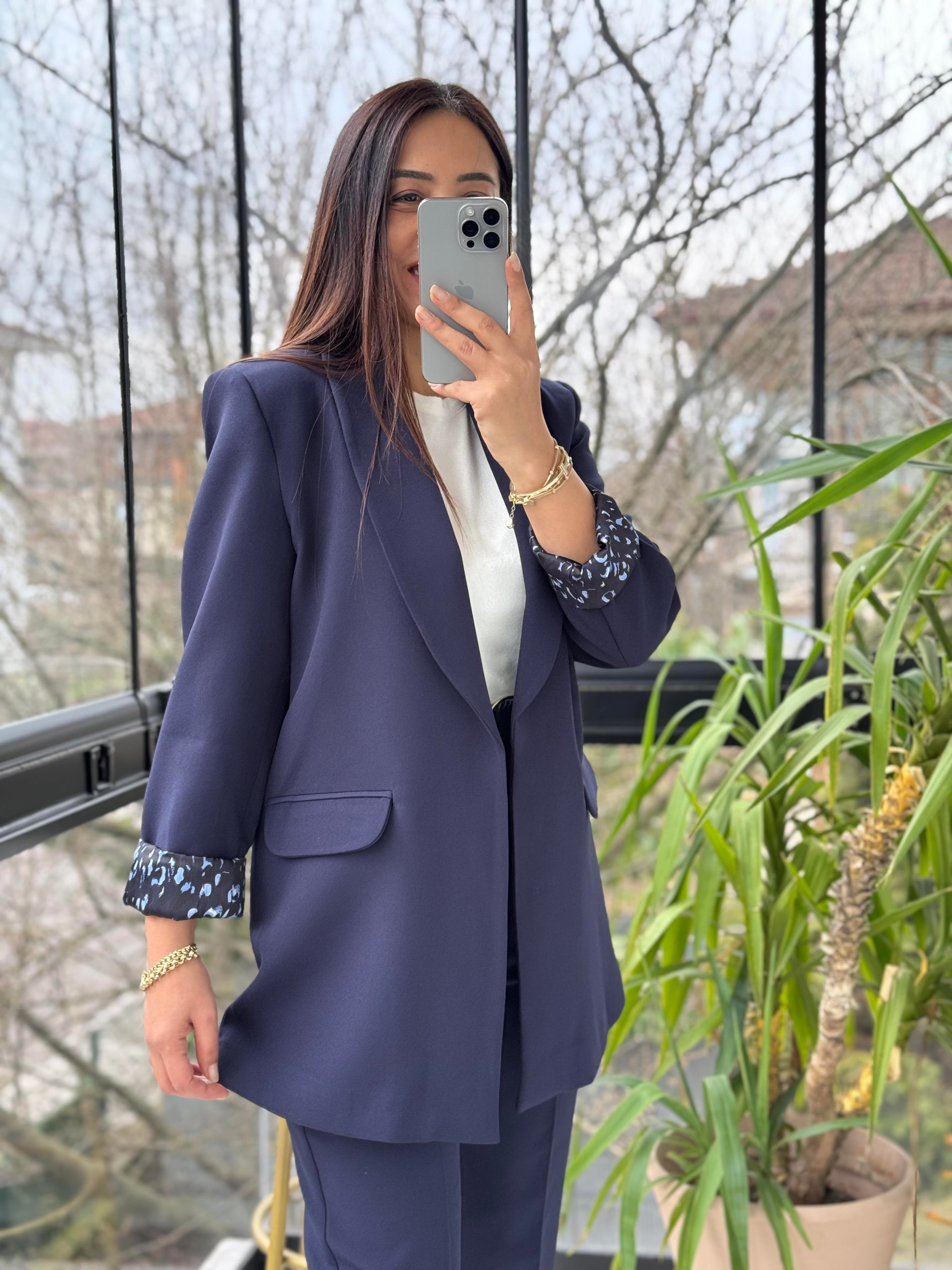 Şal Yaka İçi Leopar Blazer Ceket Lacivert