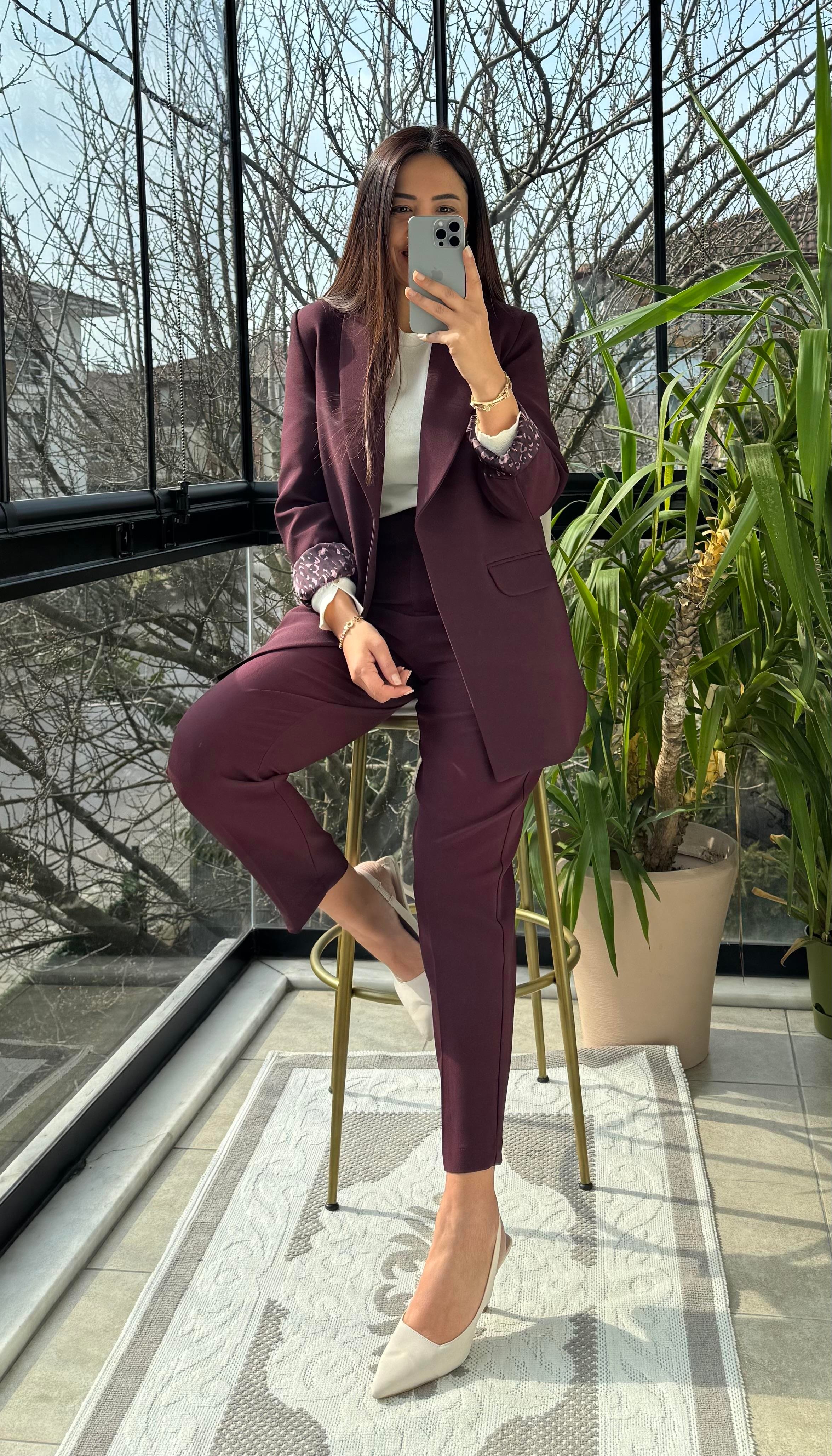 Şal Yaka İçi Leopar Blazer Ceket Mürdüm