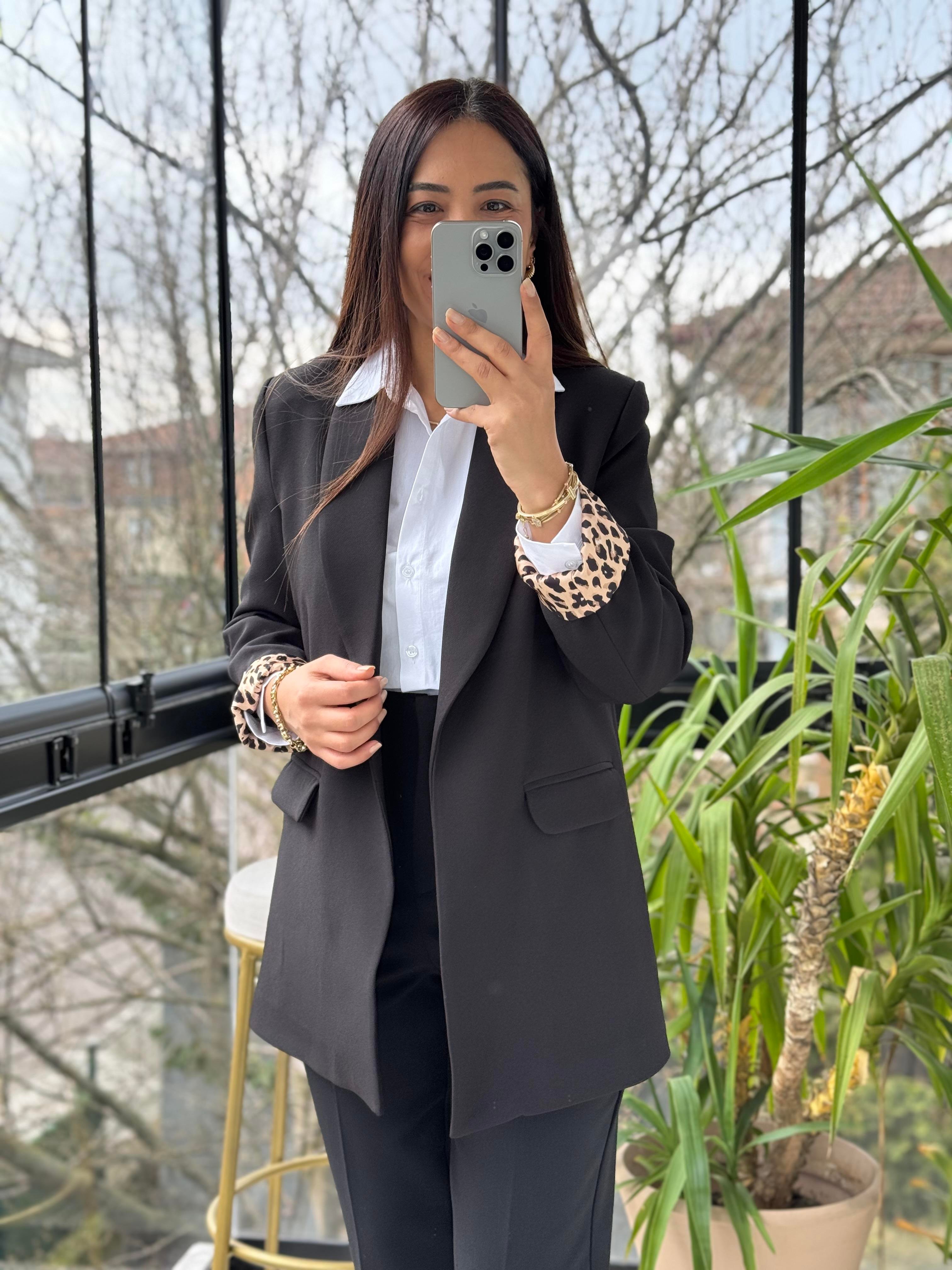 Şal Yaka İçi Leopar Blazer Ceket Siyah