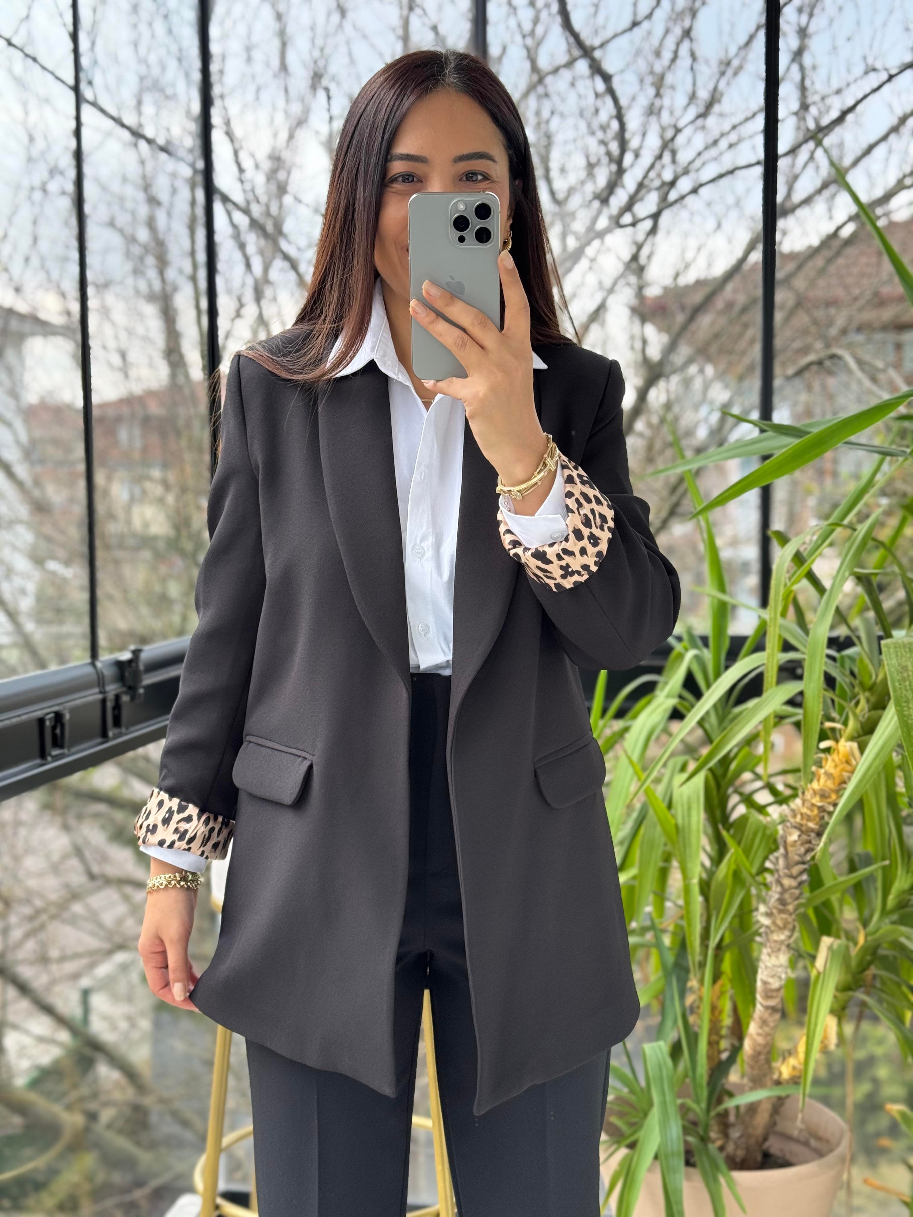 Şal Yaka İçi Leopar Blazer Ceket Siyah
