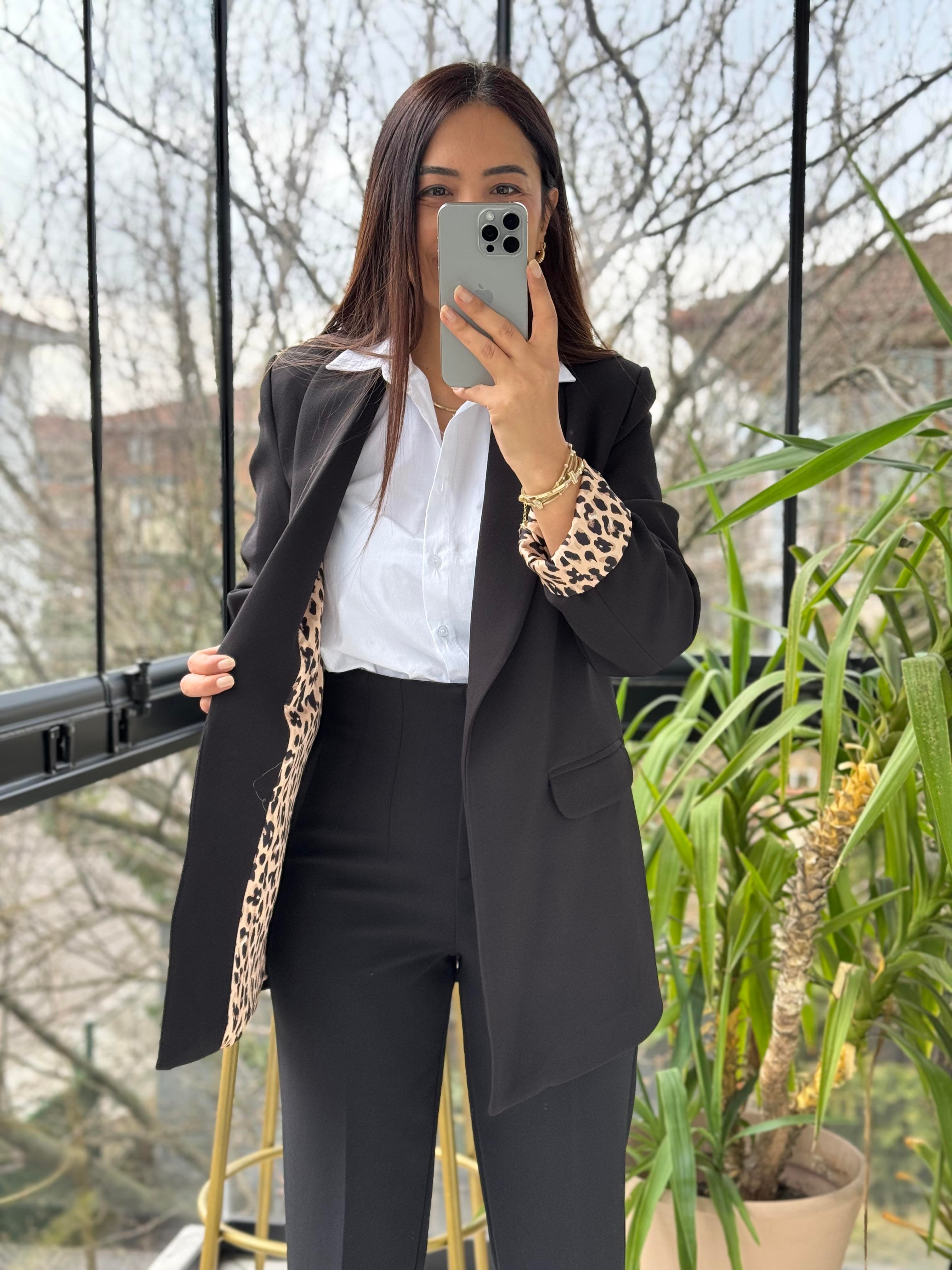 Şal Yaka İçi Leopar Blazer Ceket Siyah