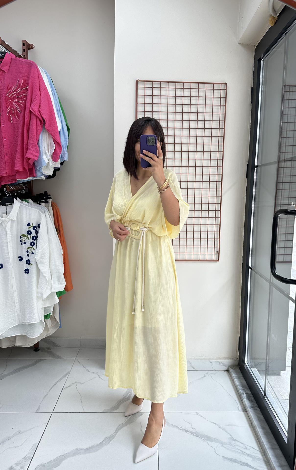 Sarı Kruvaze Yaka Elbise