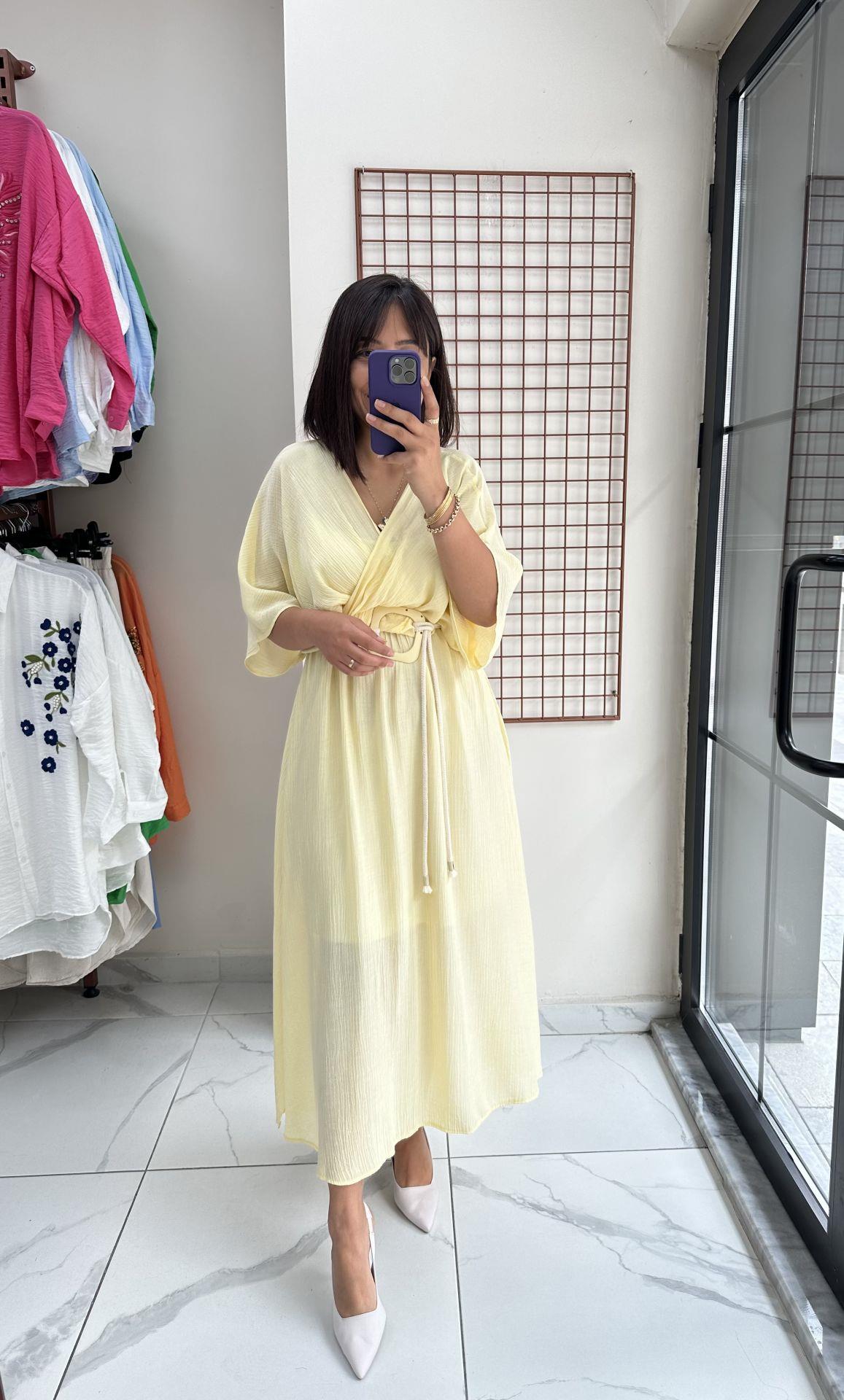 Sarı Kruvaze Yaka Elbise