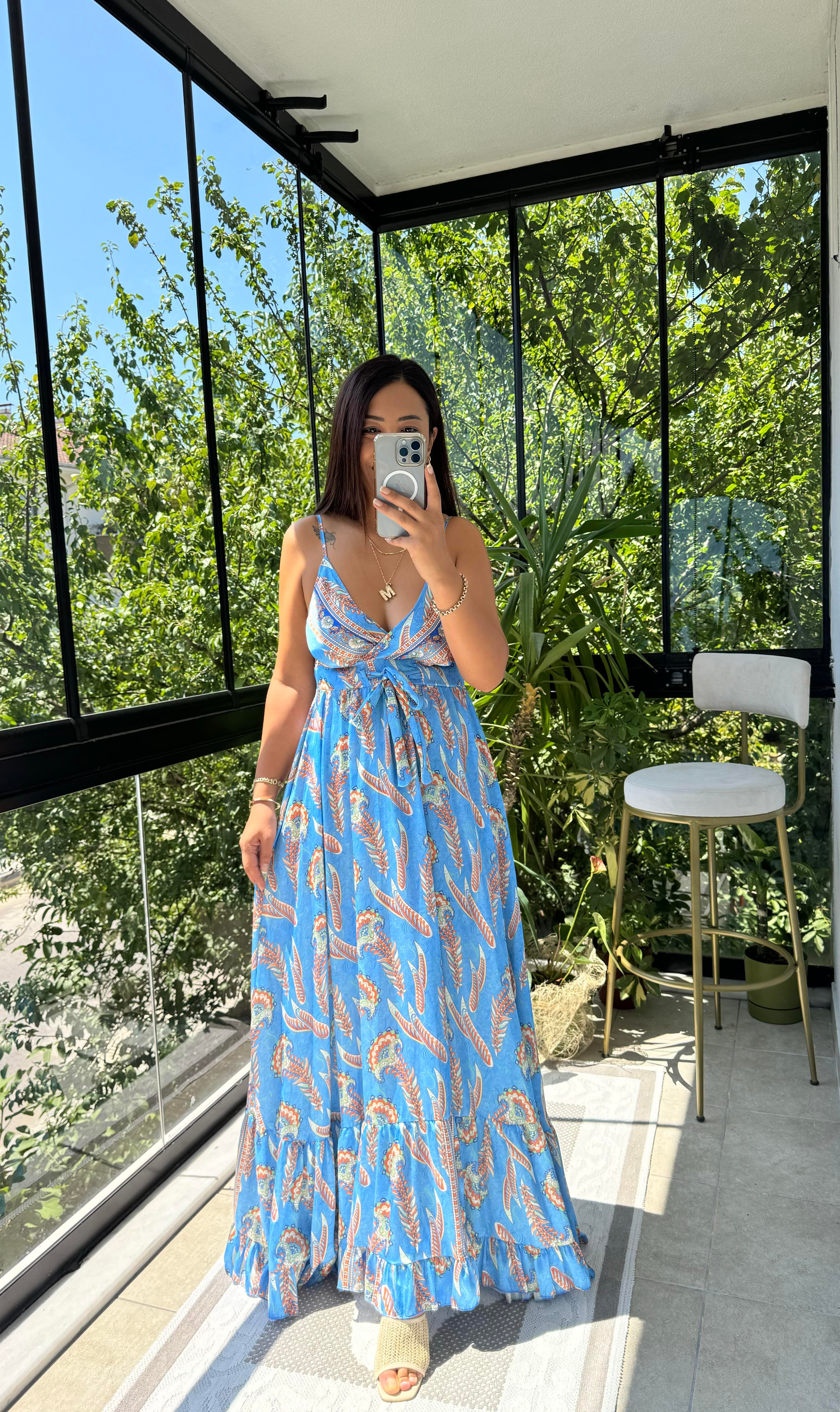 Saten İp Askılı Uzun Elbise Mavi