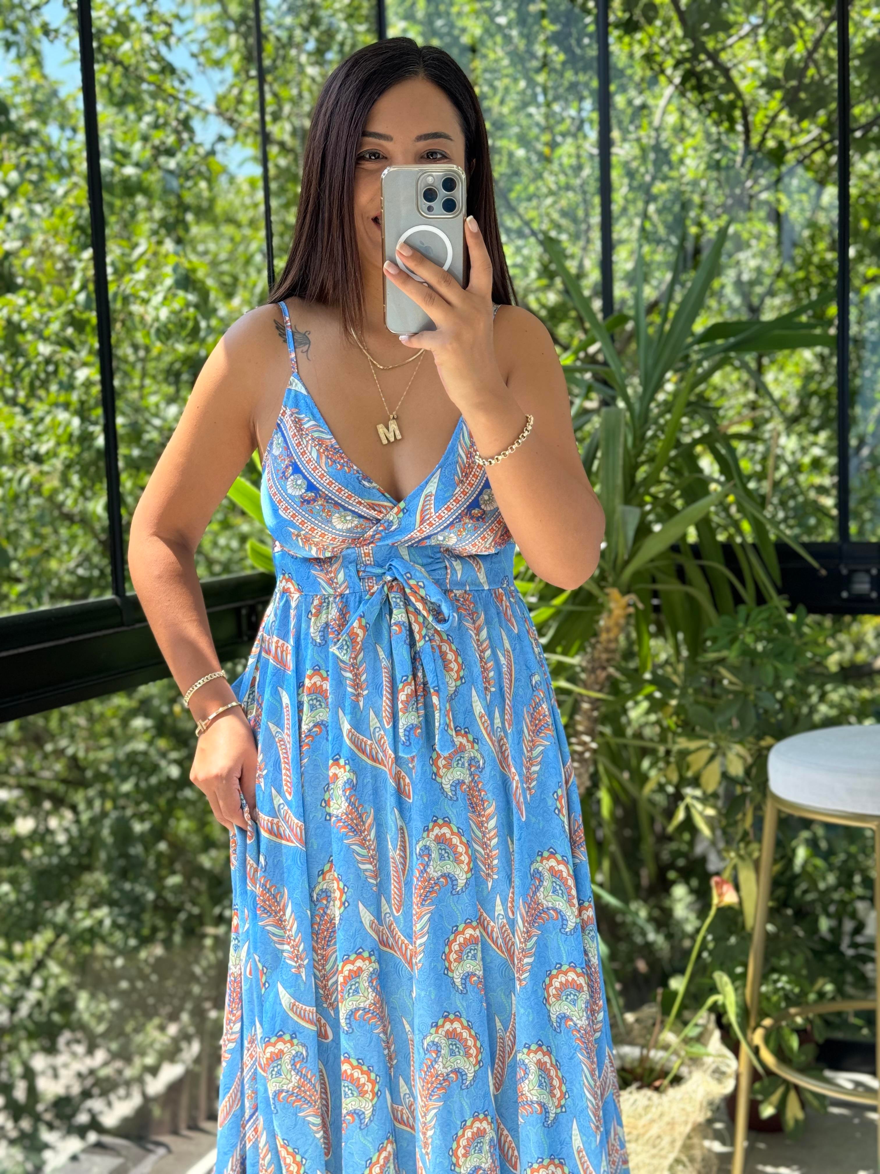 Saten İp Askılı Uzun Elbise Mavi