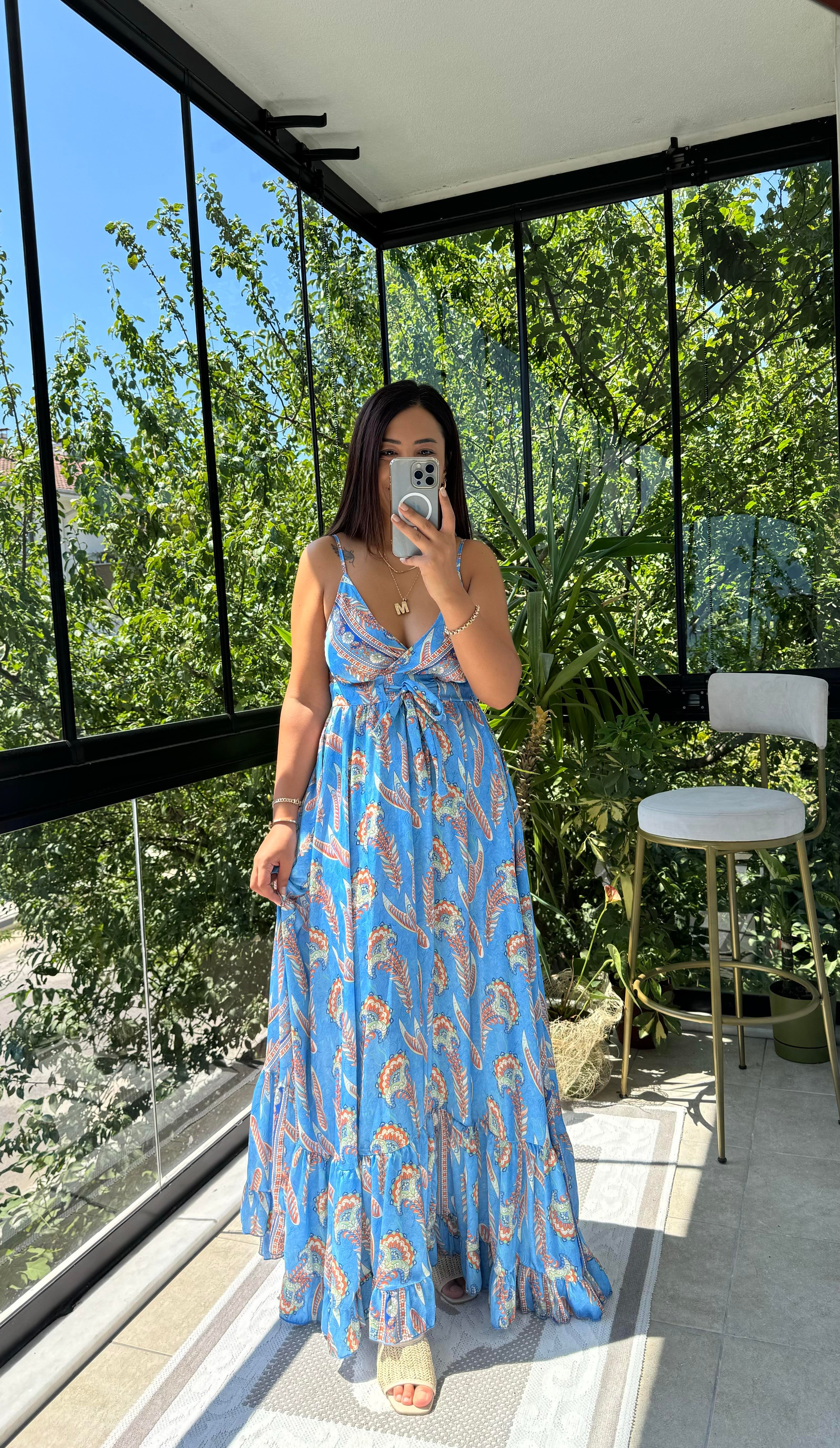 Saten İp Askılı Uzun Elbise Mavi