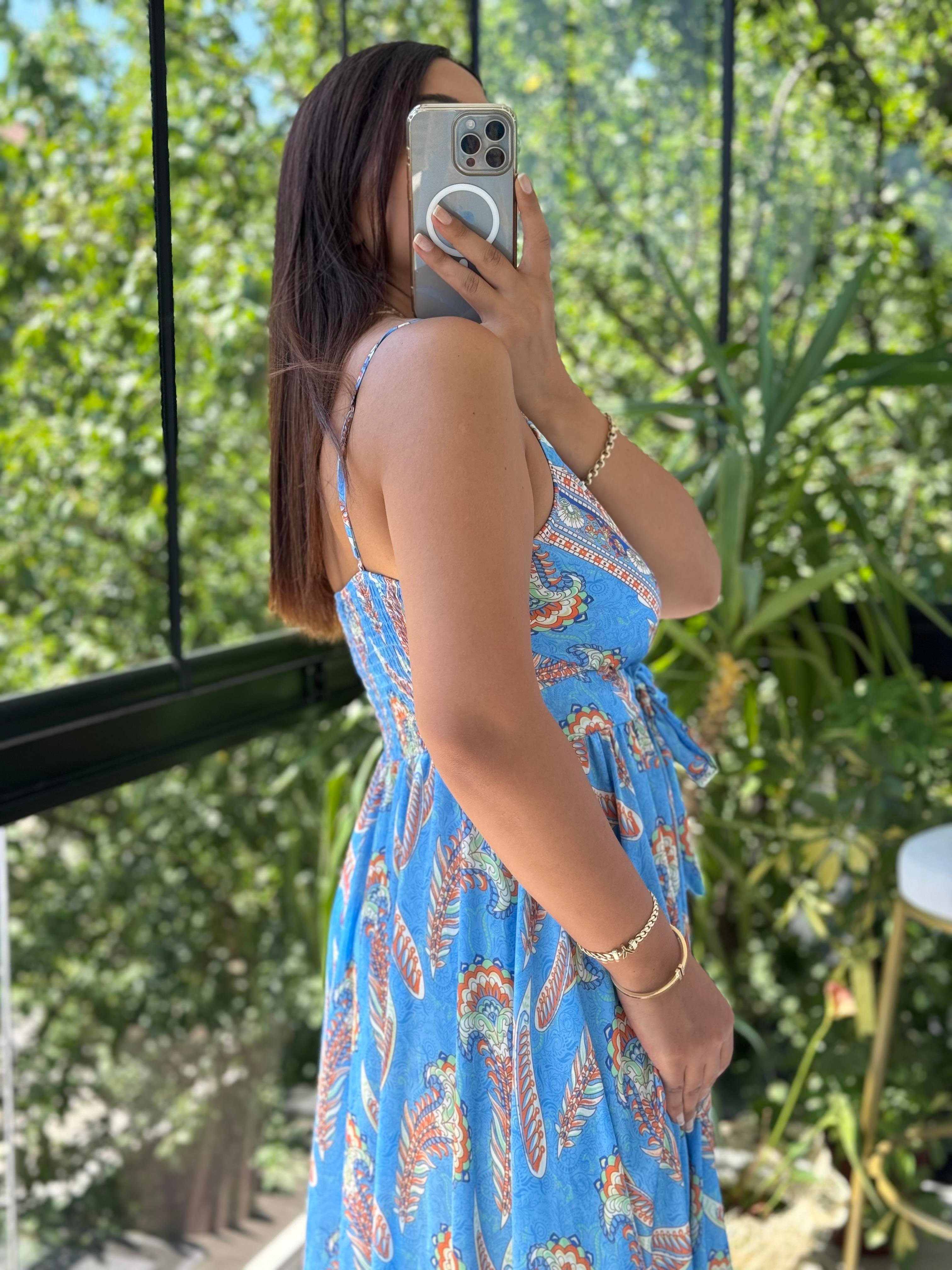 Saten İp Askılı Uzun Elbise Mavi