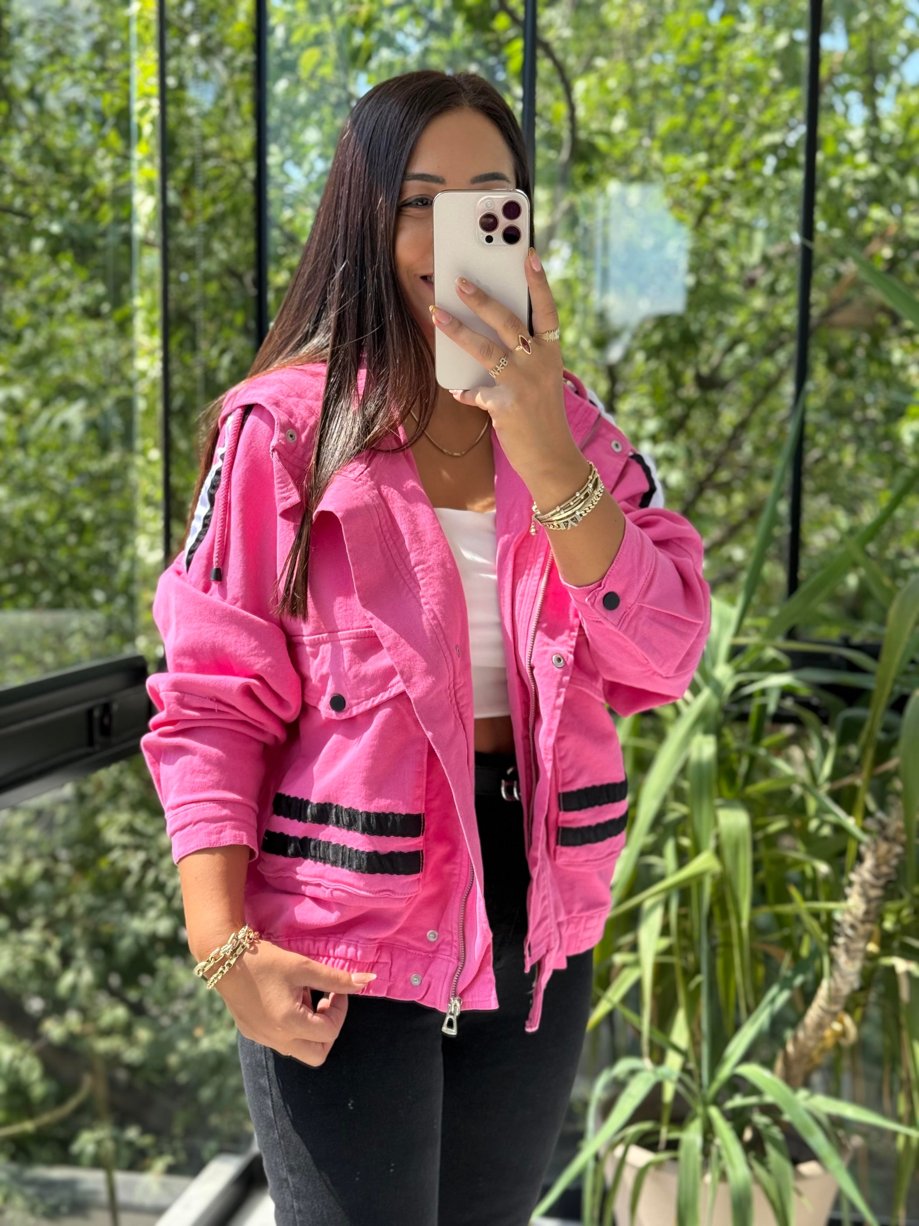 Şeritli Gabardin Ceket Pembe