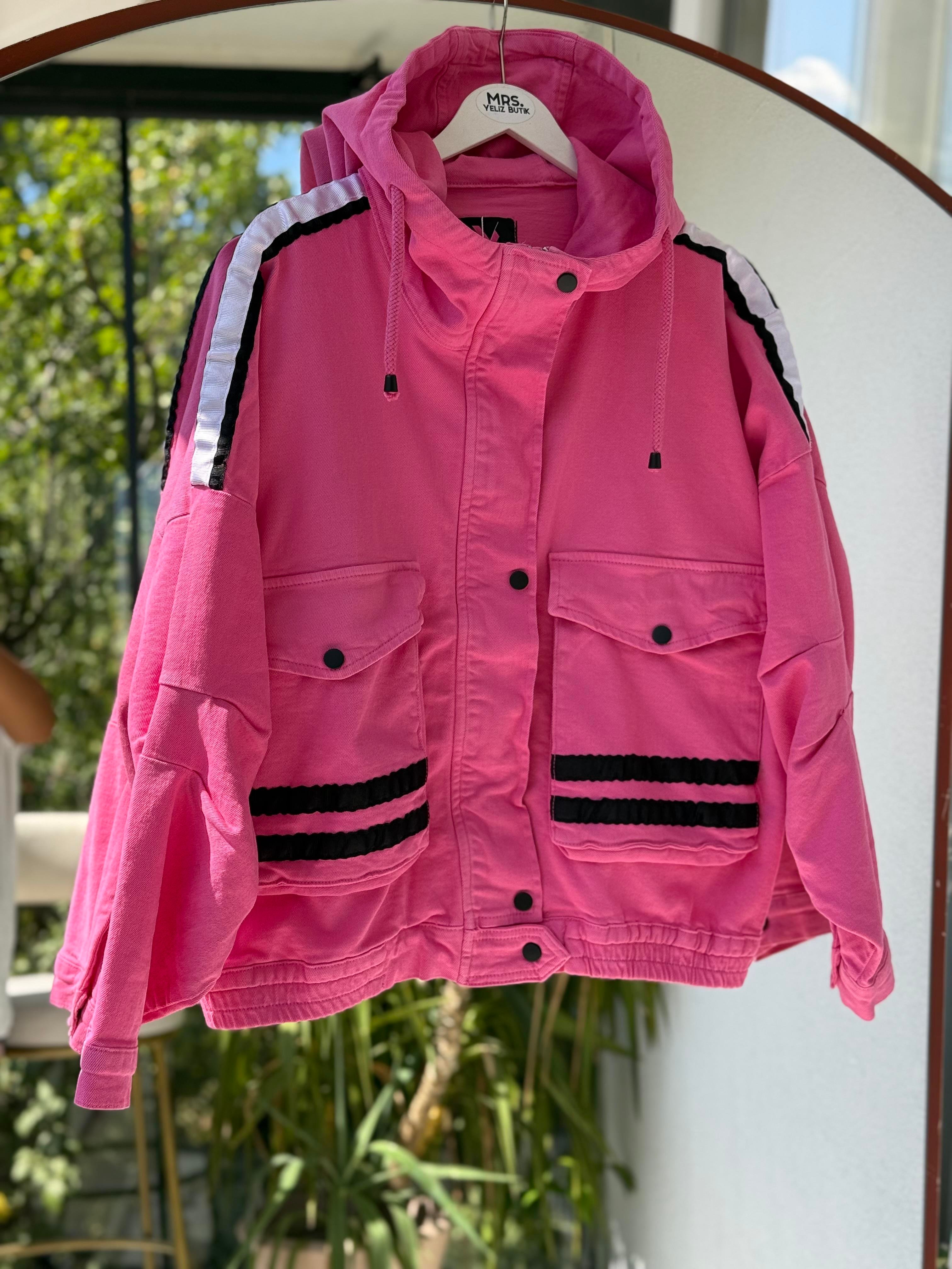 Şeritli Gabardin Ceket Pembe