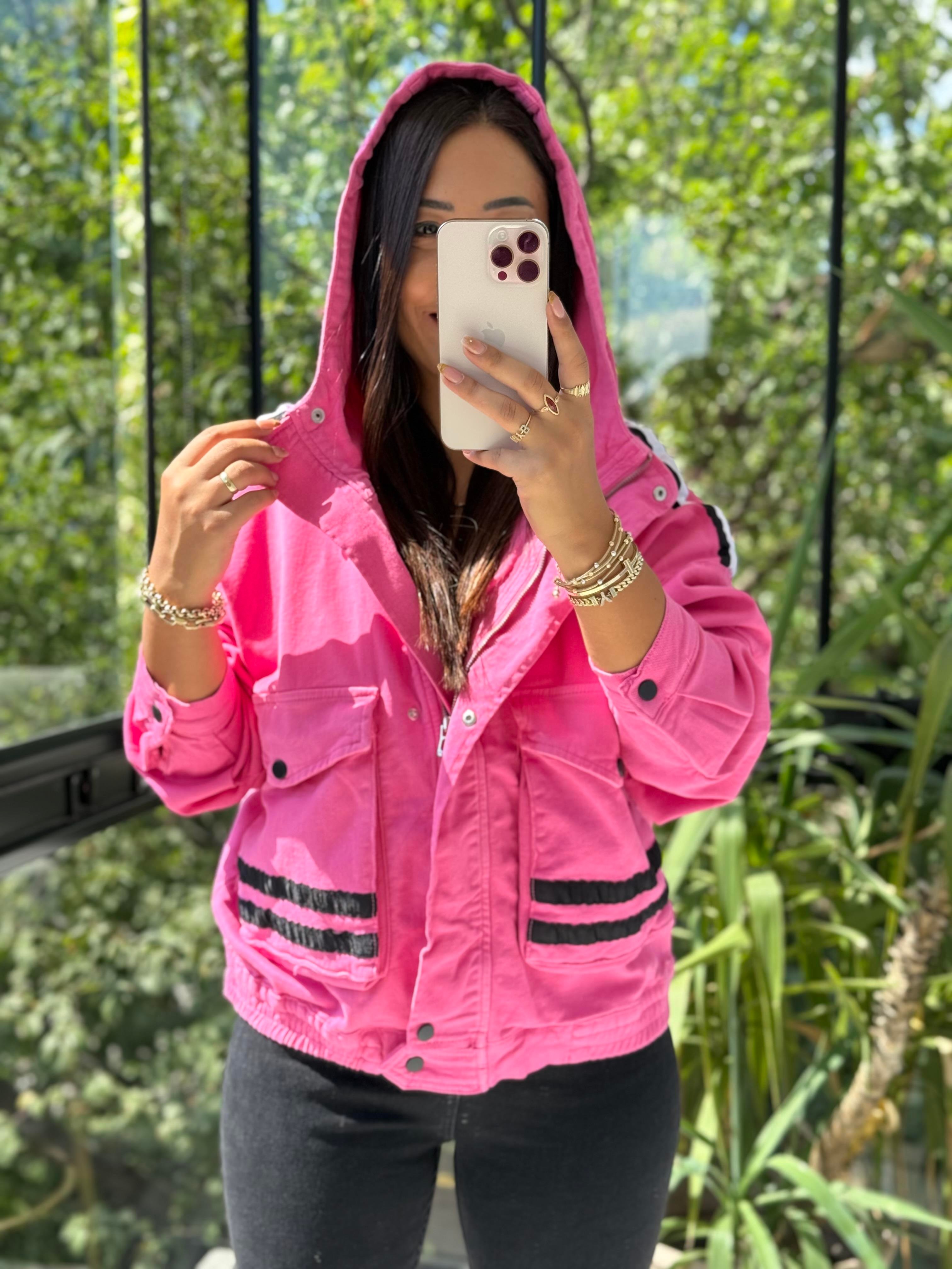 Şeritli Gabardin Ceket Pembe