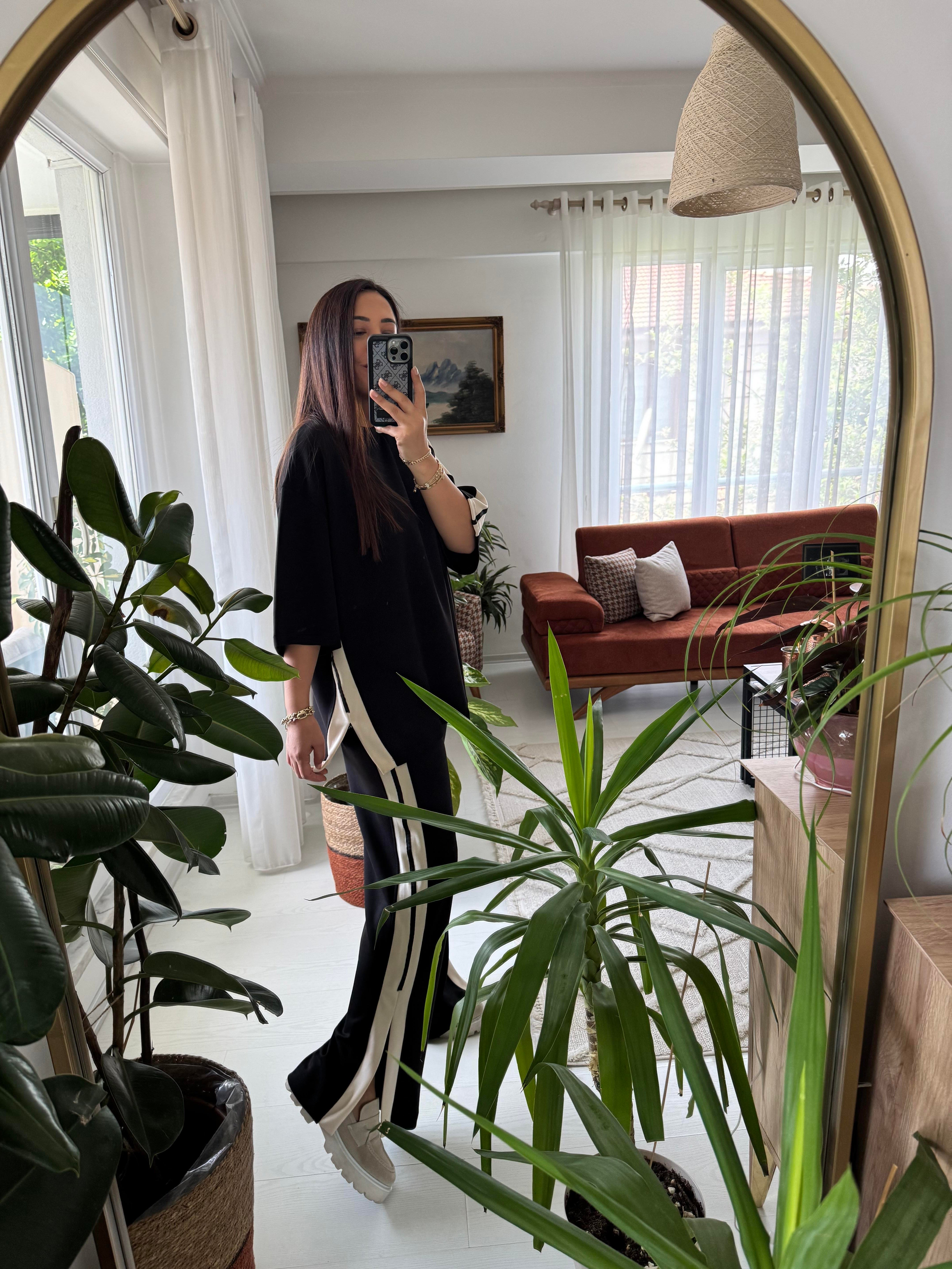 Şeritli Modal Takım Siyah