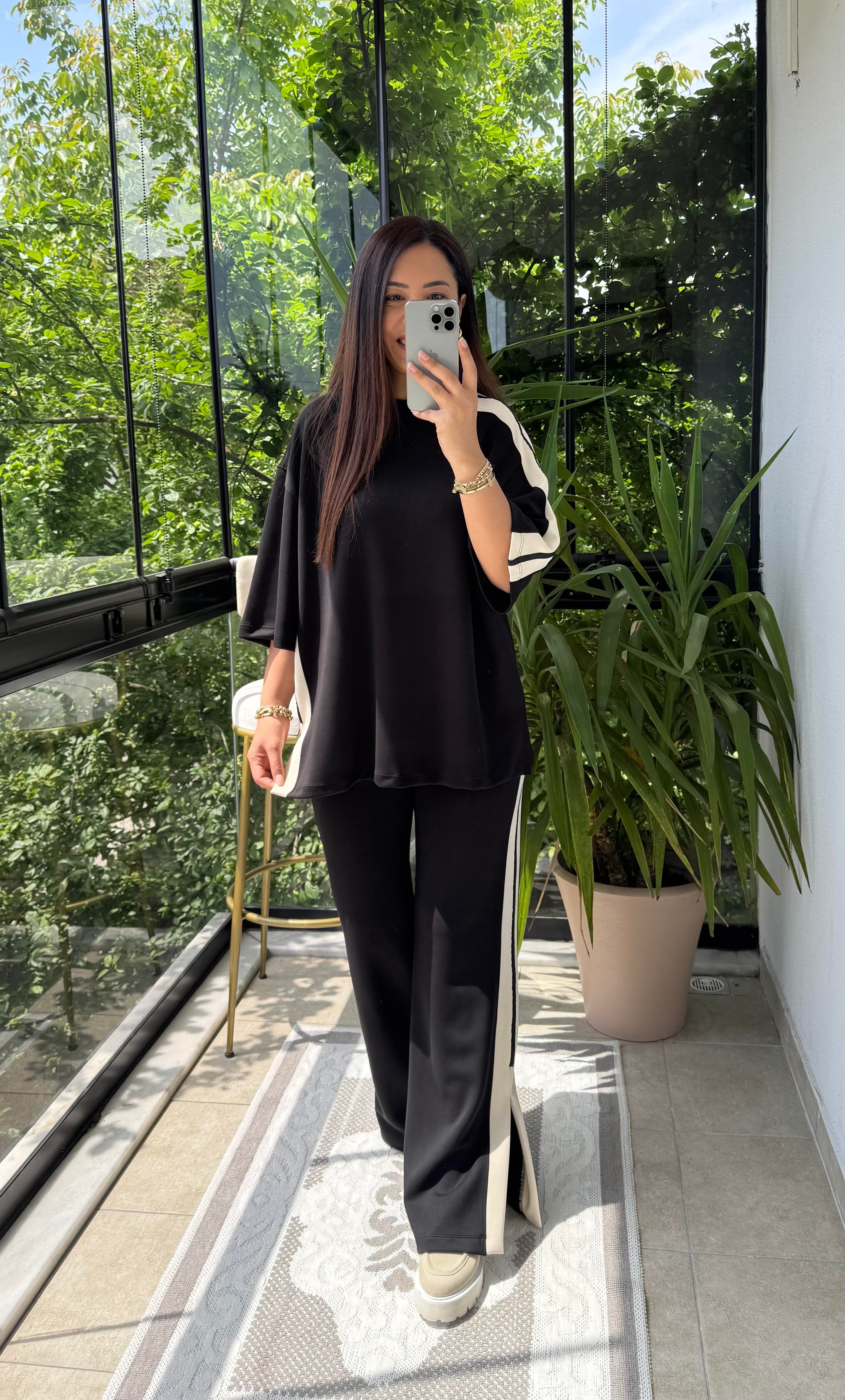 Şeritli Modal Takım Siyah