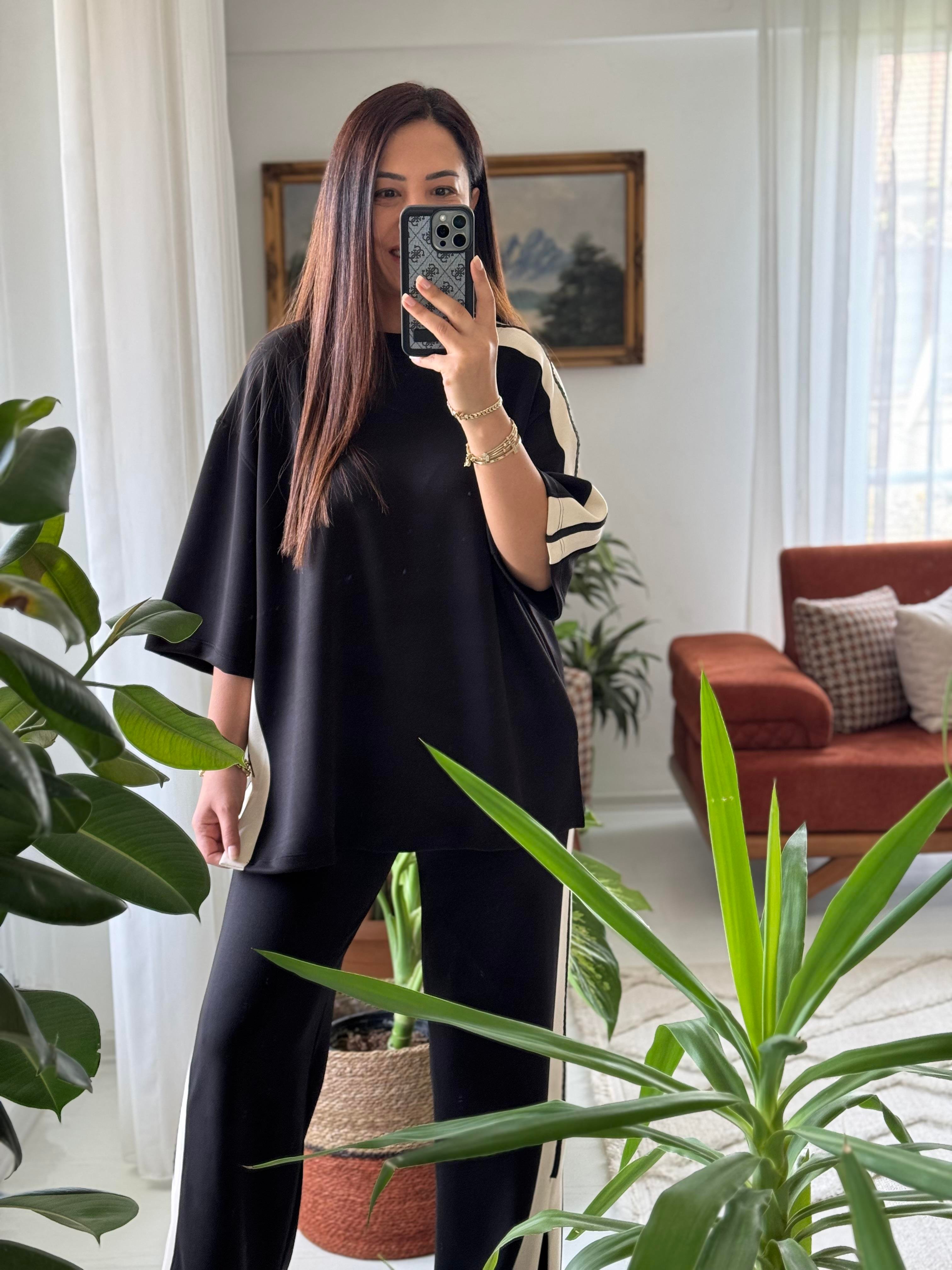 Şeritli Modal Takım Siyah