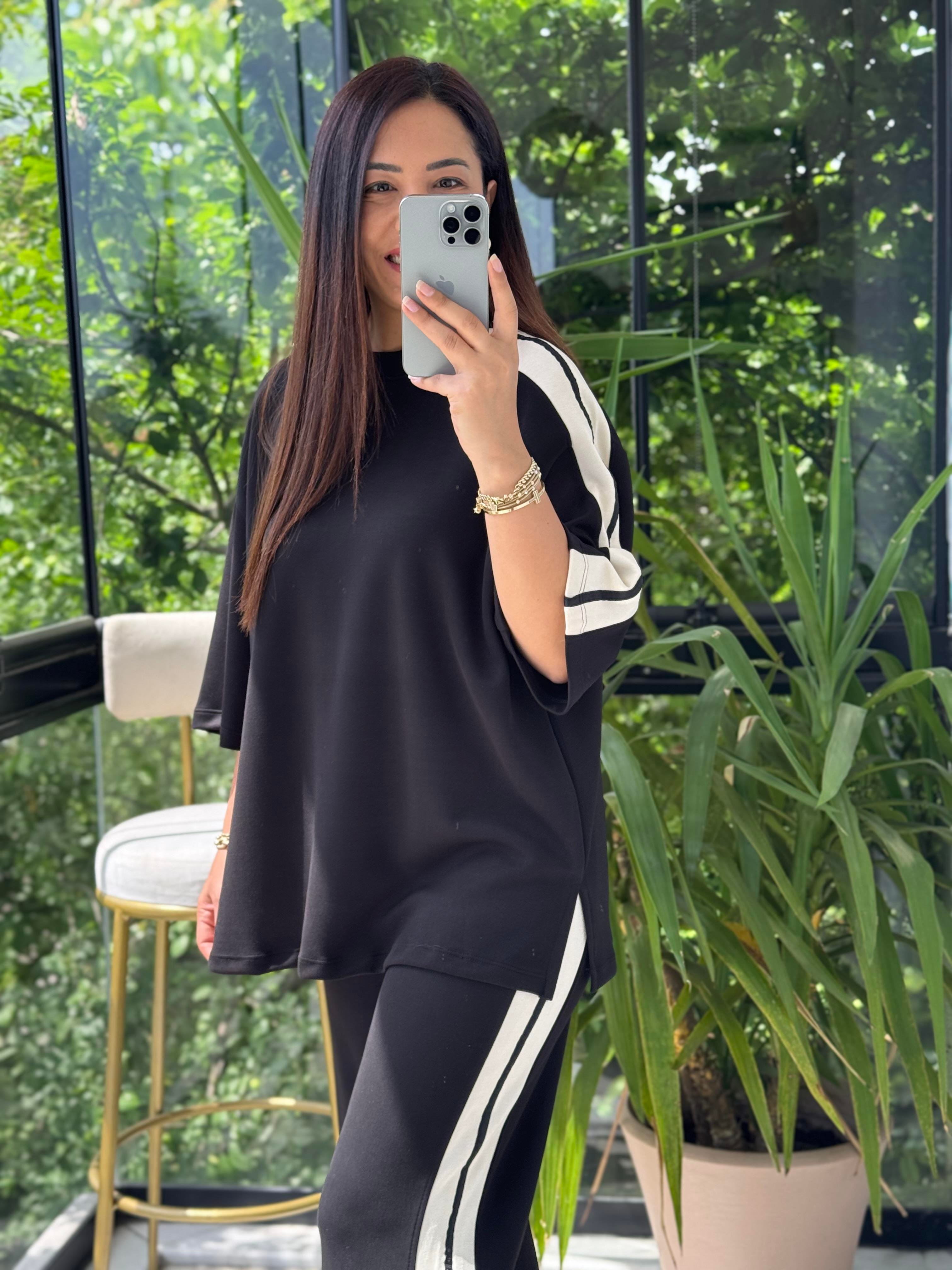 Şeritli Modal Takım Siyah