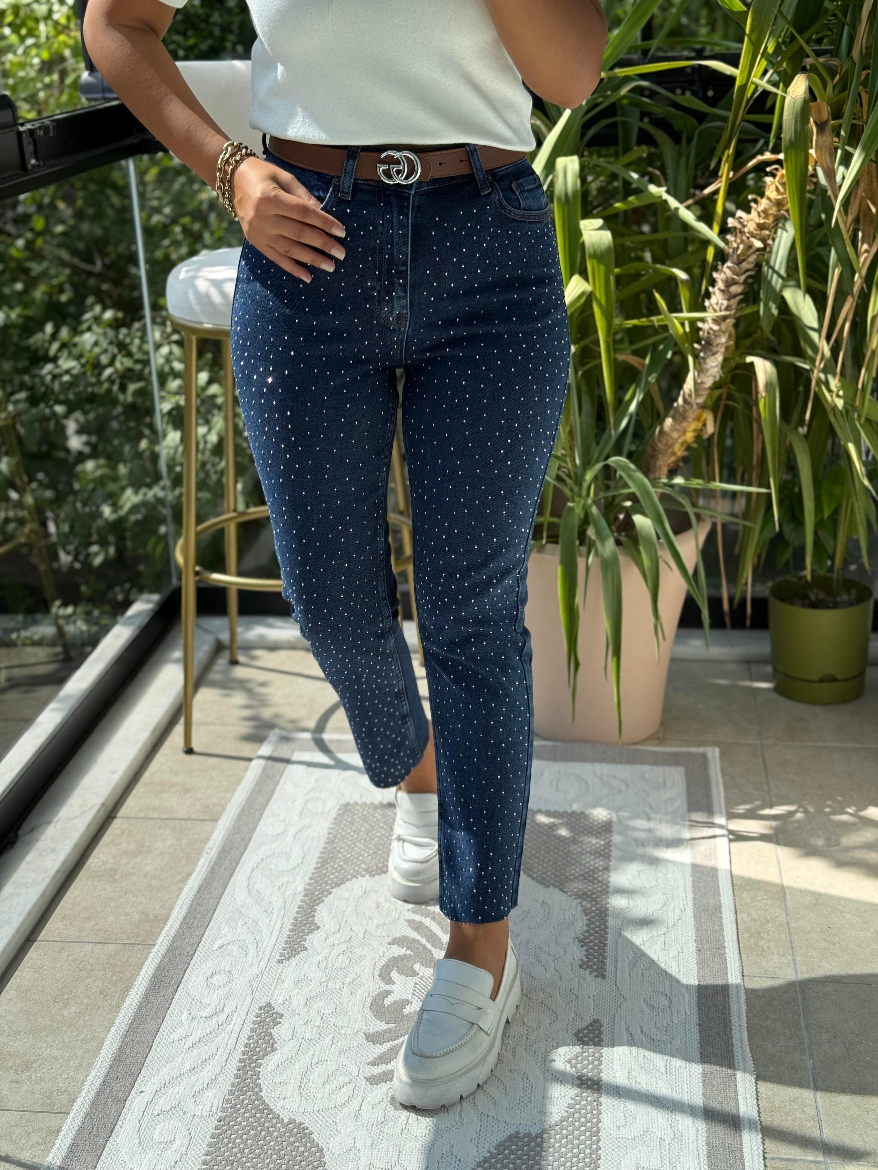 Serpme Taşlı Kesik Paça Jean Lacivert 
