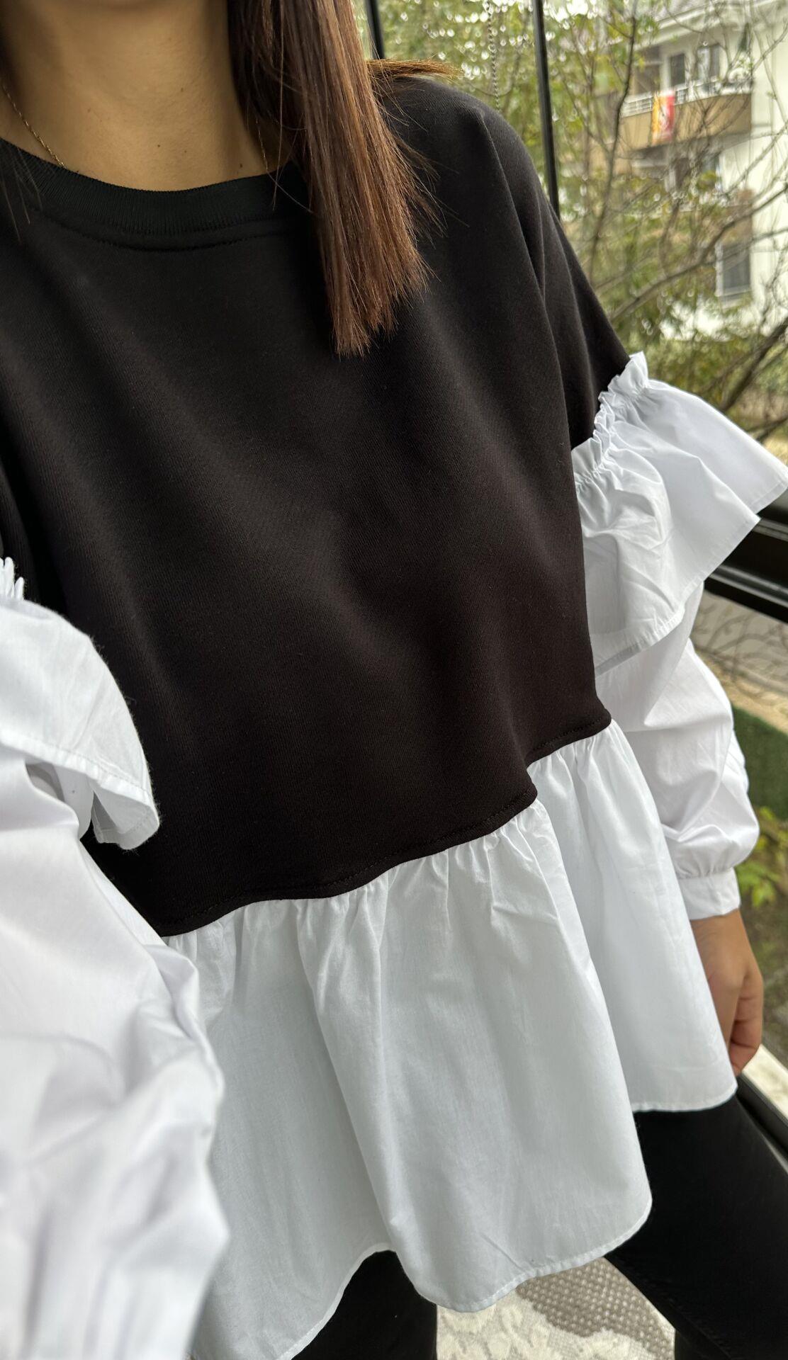 Siyah Altı ve Kolları Poplin Kumaş Tasarım Sweatshirt