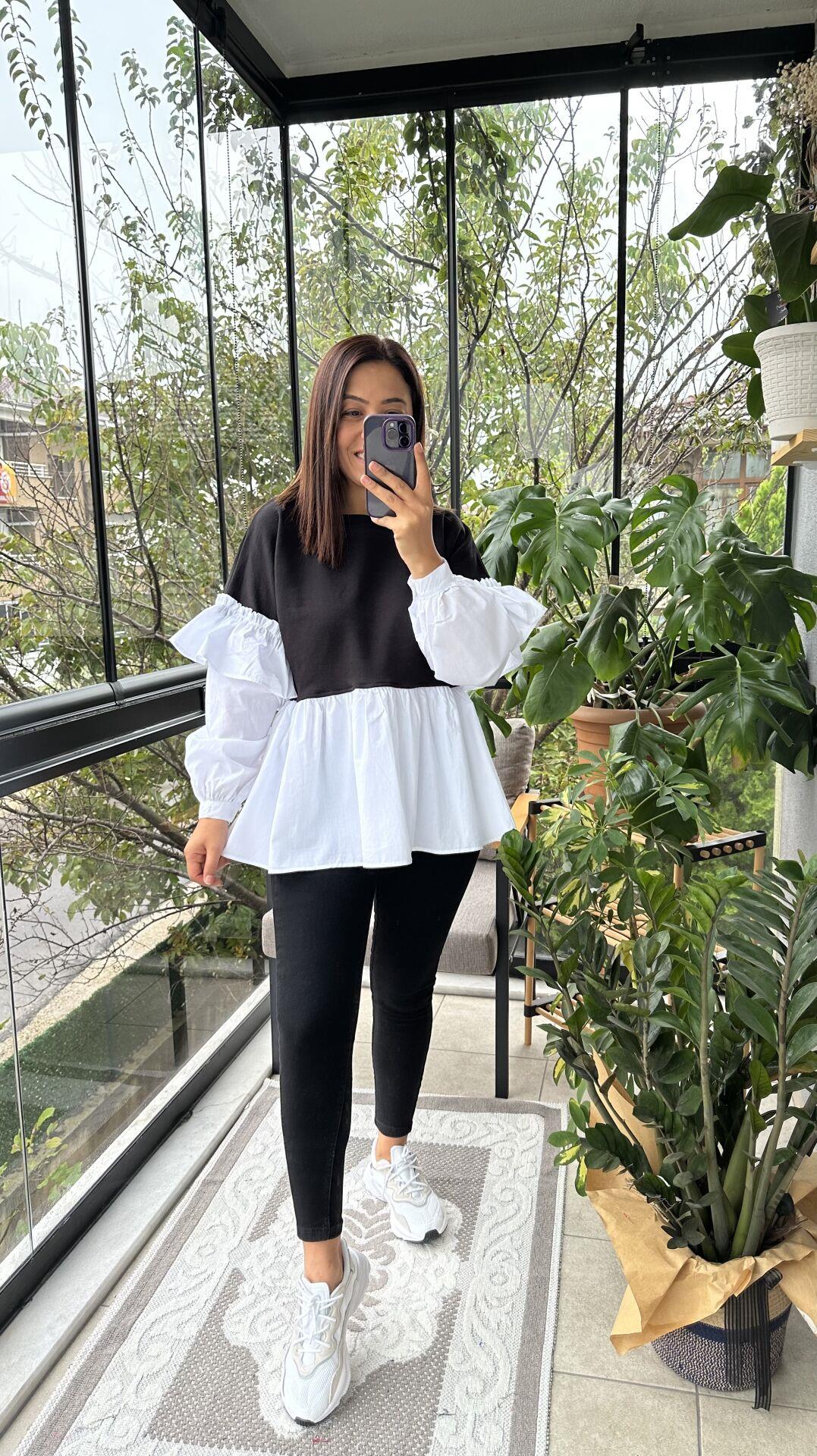 Siyah Altı ve Kolları Poplin Kumaş Tasarım Sweatshirt