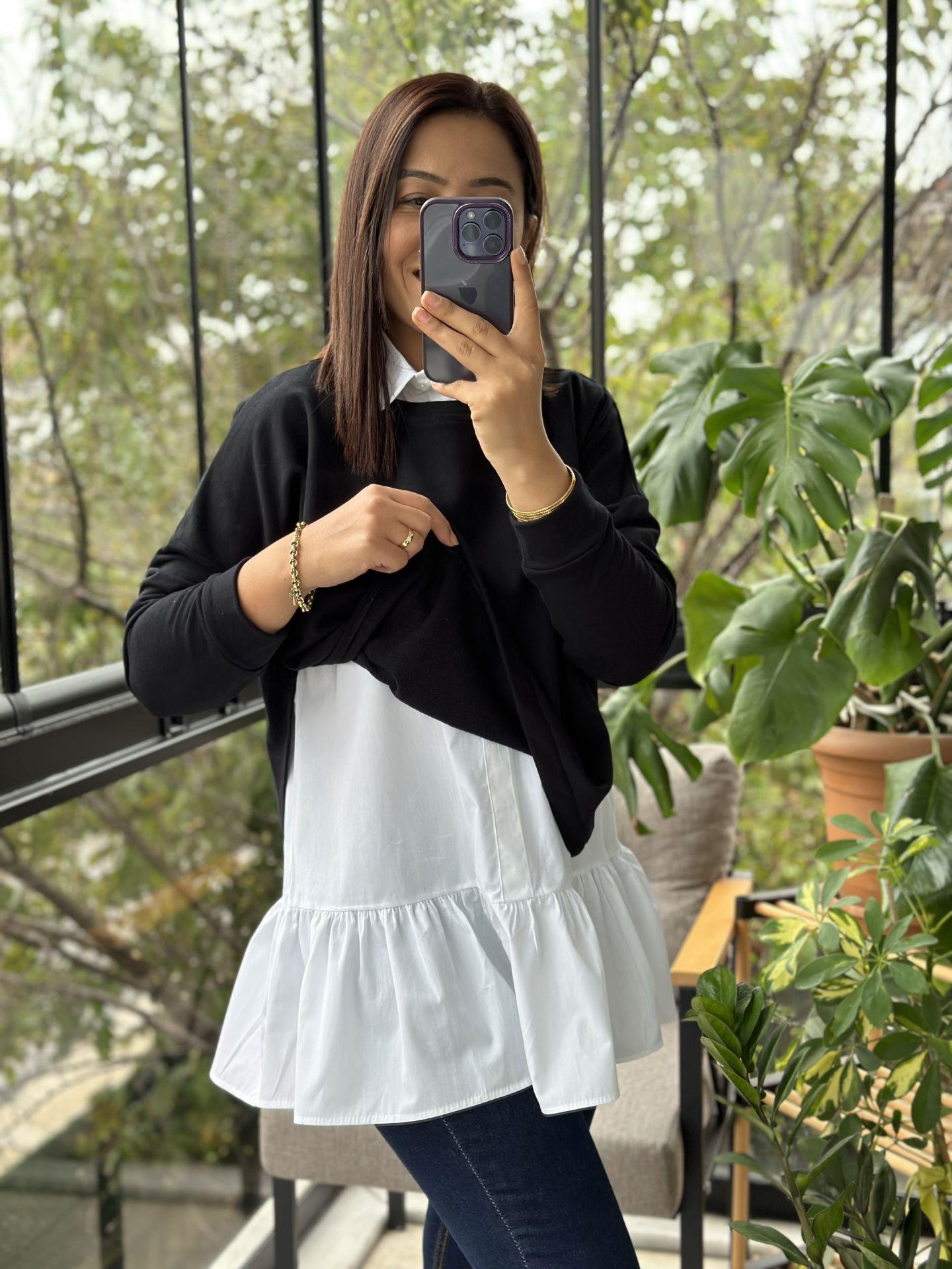 Siyah İçi Gömlekli Tasarım Sweatshirt