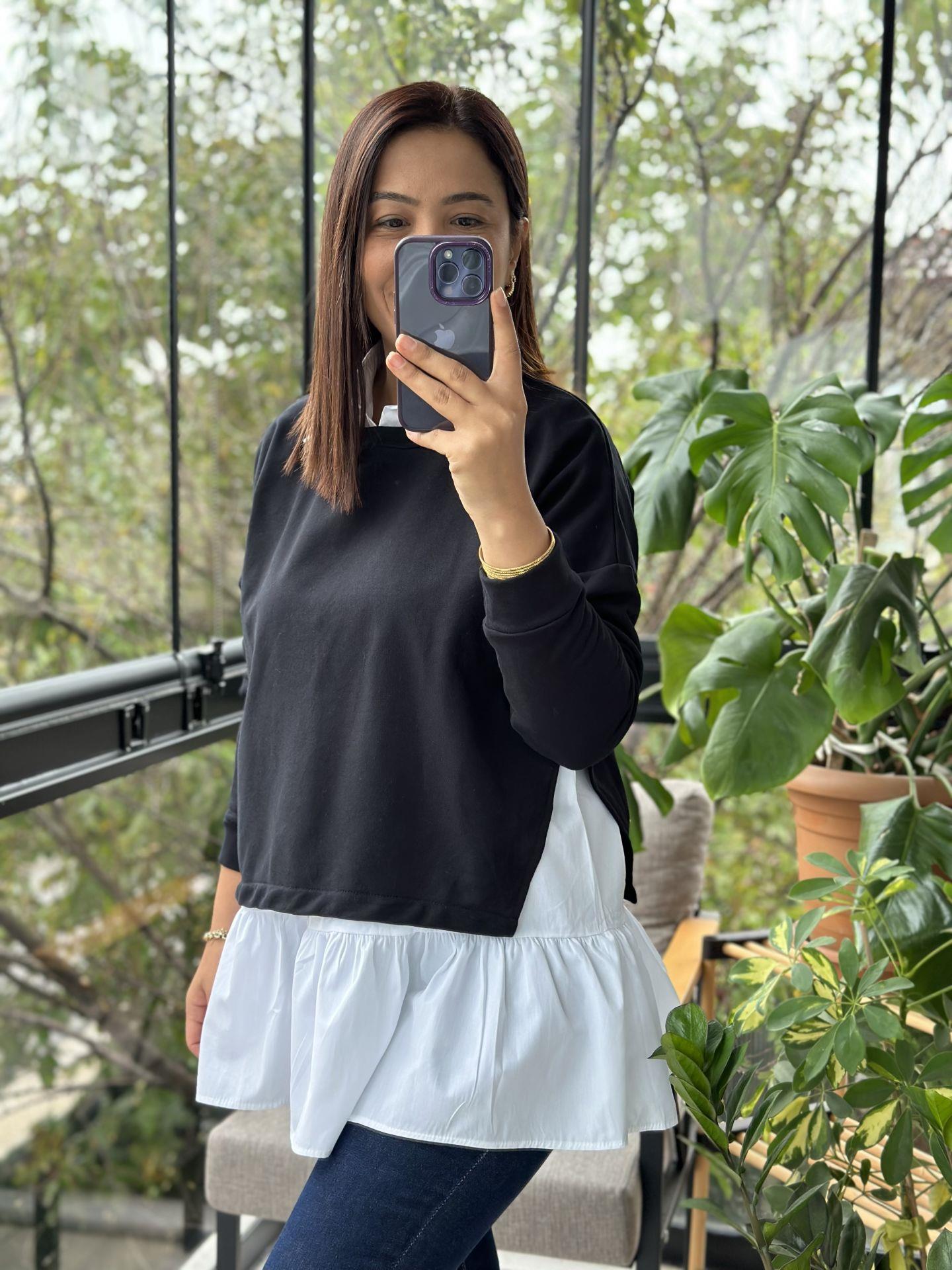 Siyah İçi Gömlekli Tasarım Sweatshirt