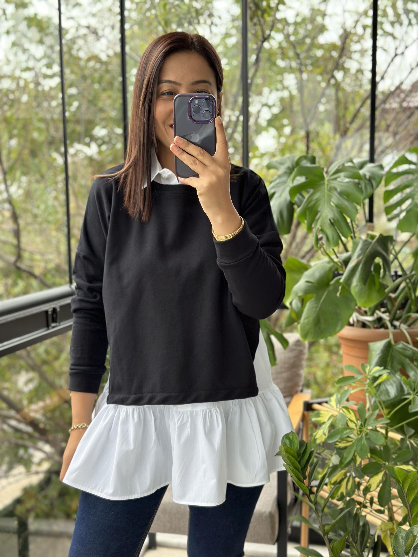 Siyah İçi Gömlekli Tasarım Sweatshirt