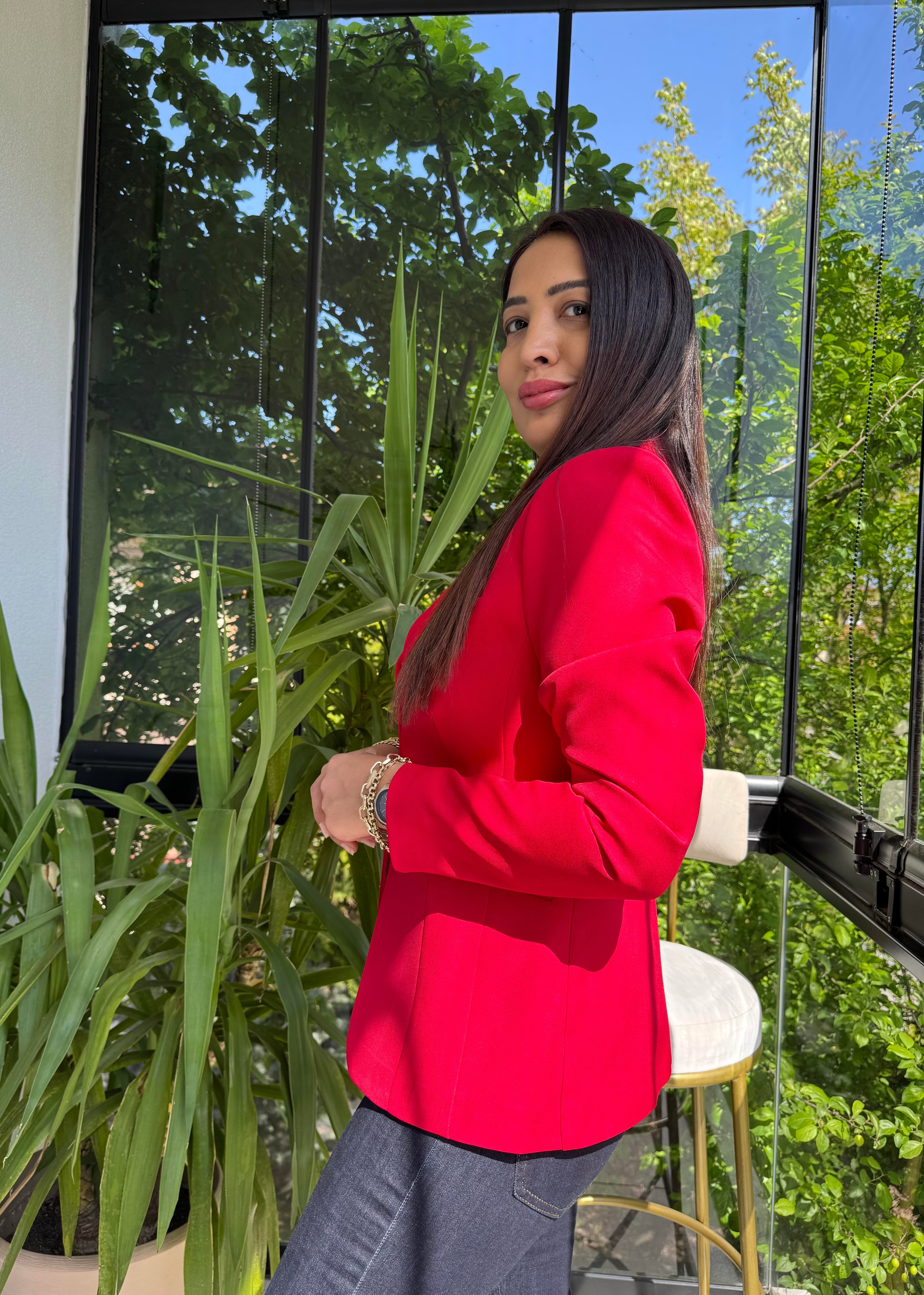 Slim Tek Düğme Blazer Ceket Kırmızı