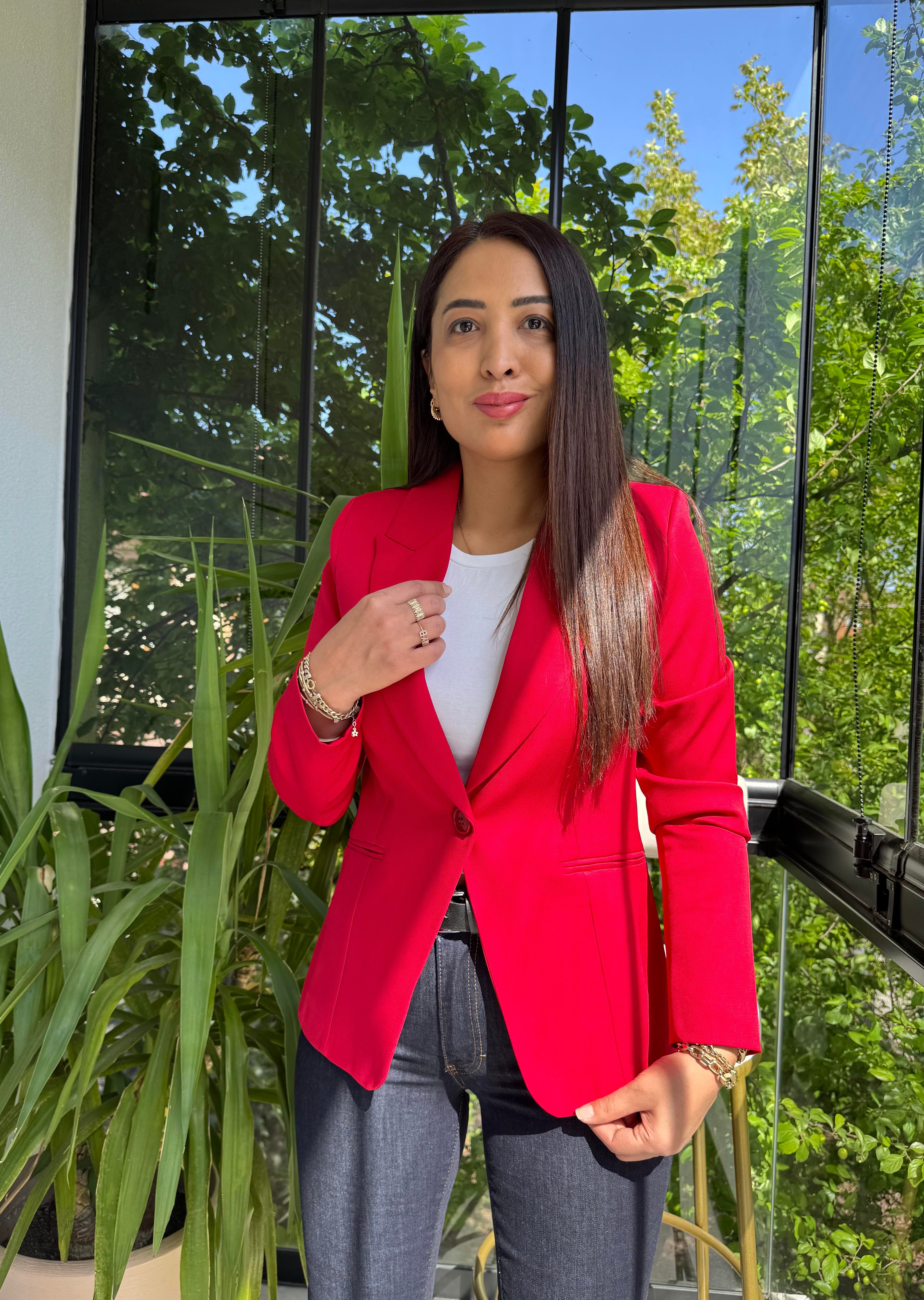 Slim Tek Düğme Blazer Ceket Kırmızı