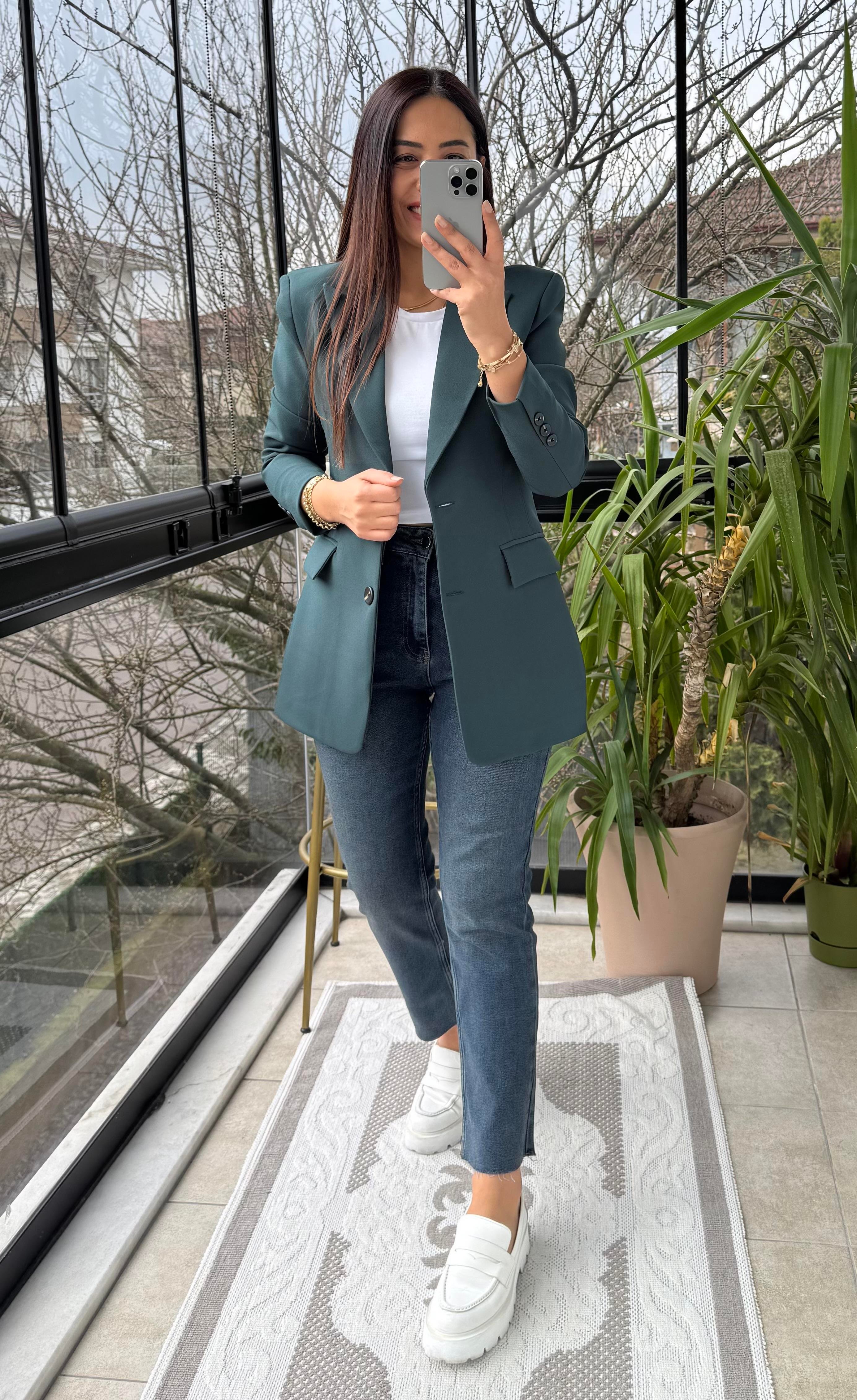 Slimfit İki düğme Blazer Ceket Zümrüt