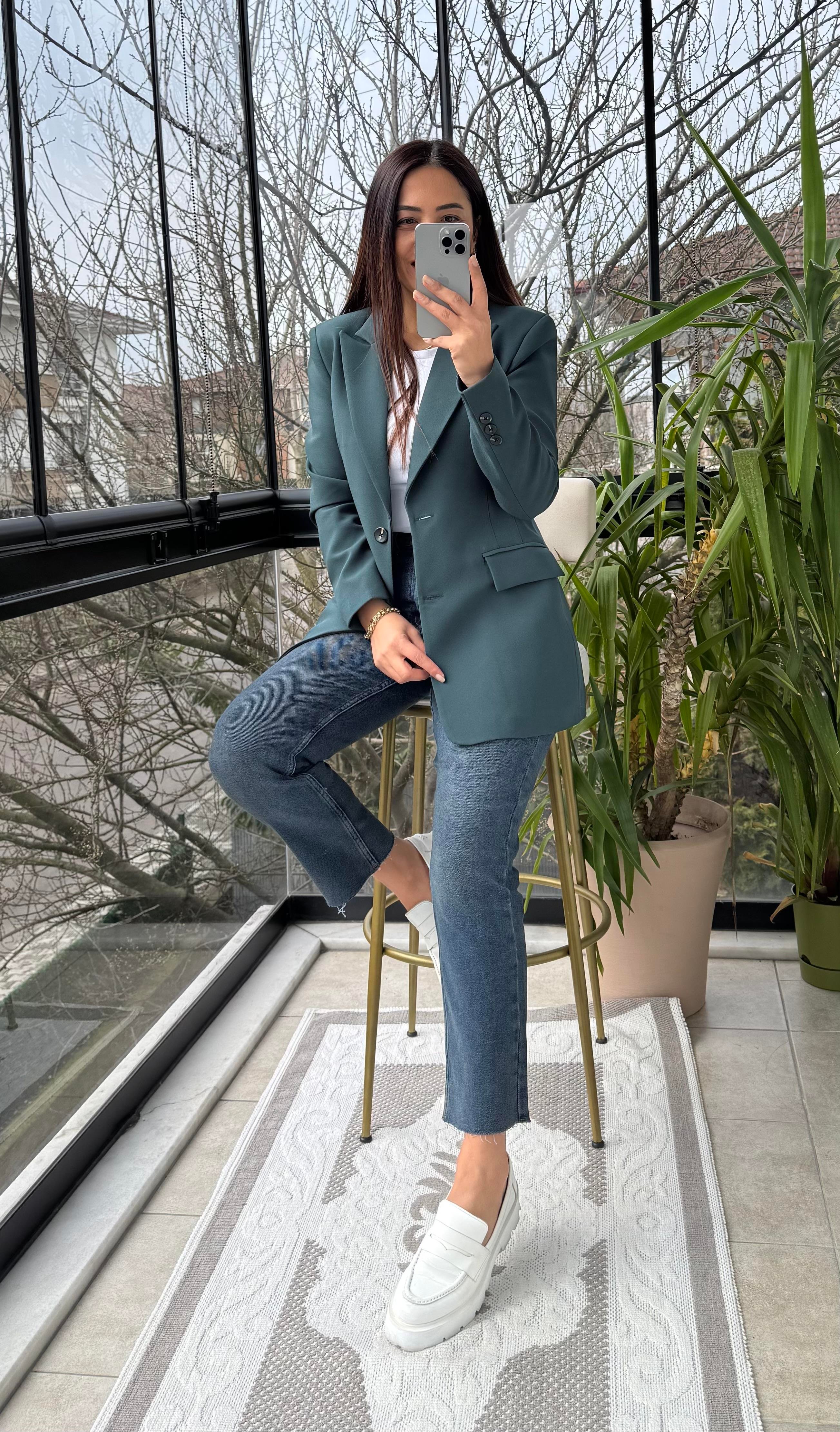 Slimfit İki düğme Blazer Ceket Zümrüt
