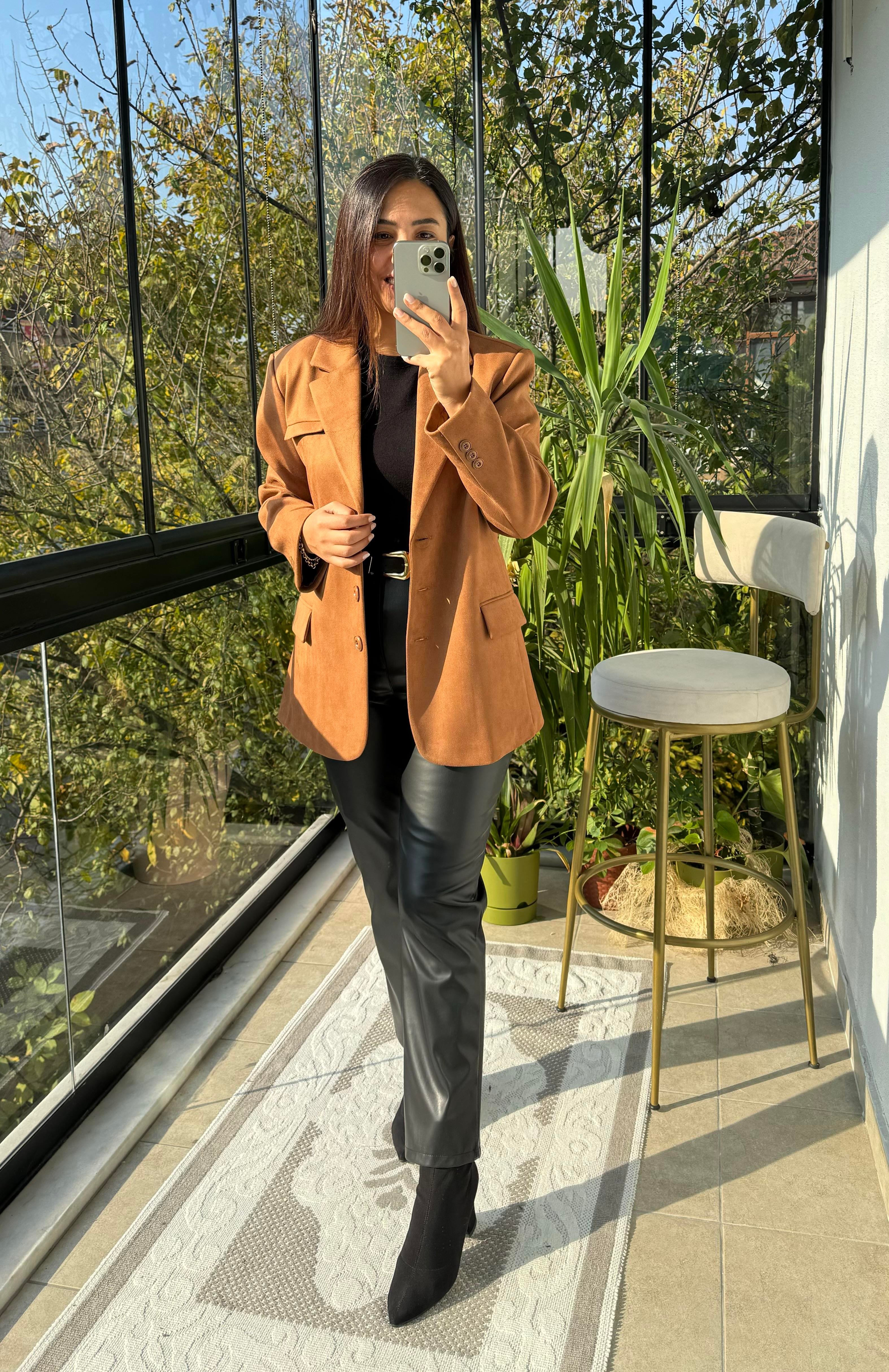 Süet 3 Düğme Blazer Ceket Taba