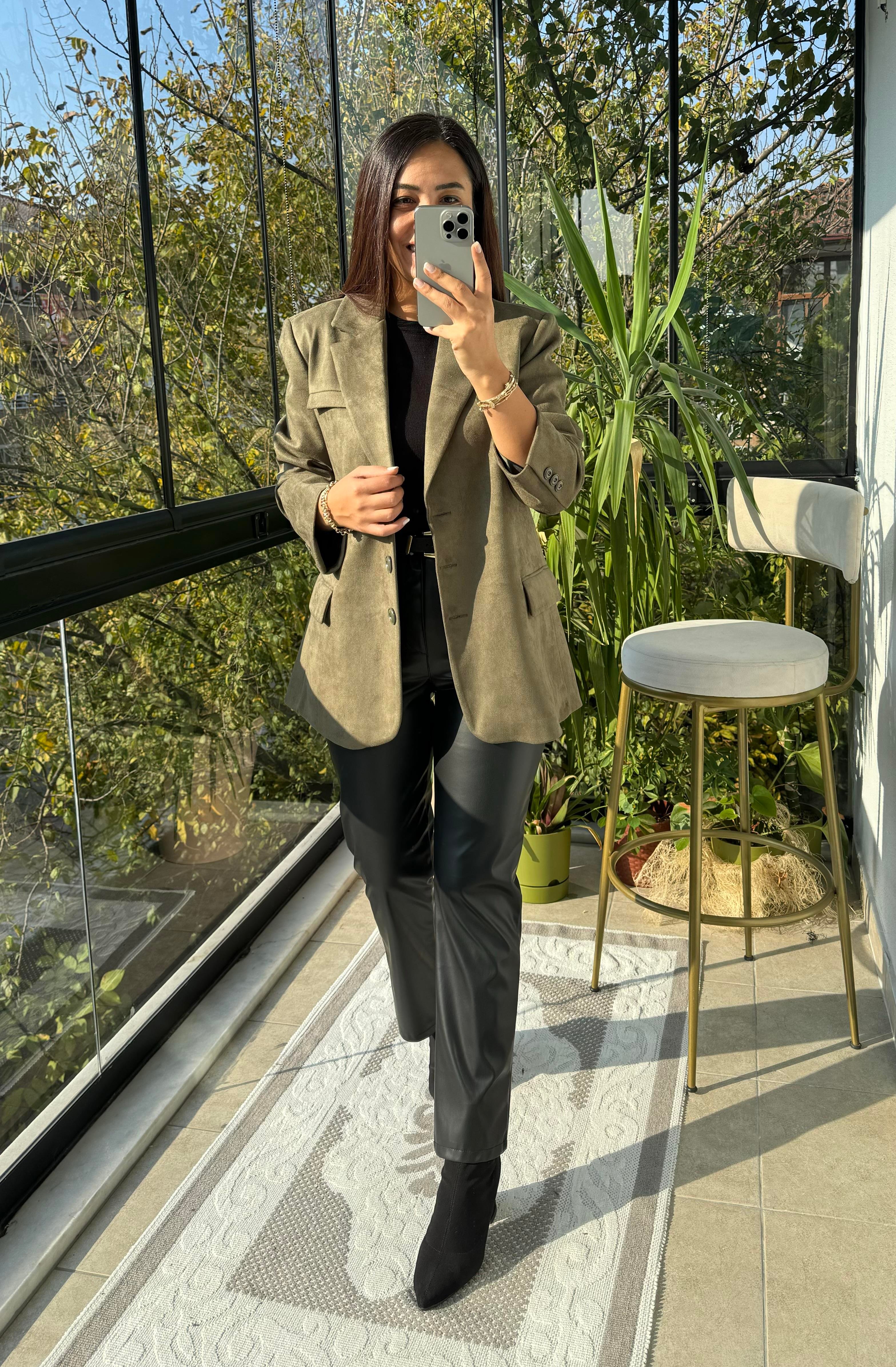 Süet 3 Düğme Blazer Ceket Yeşil
