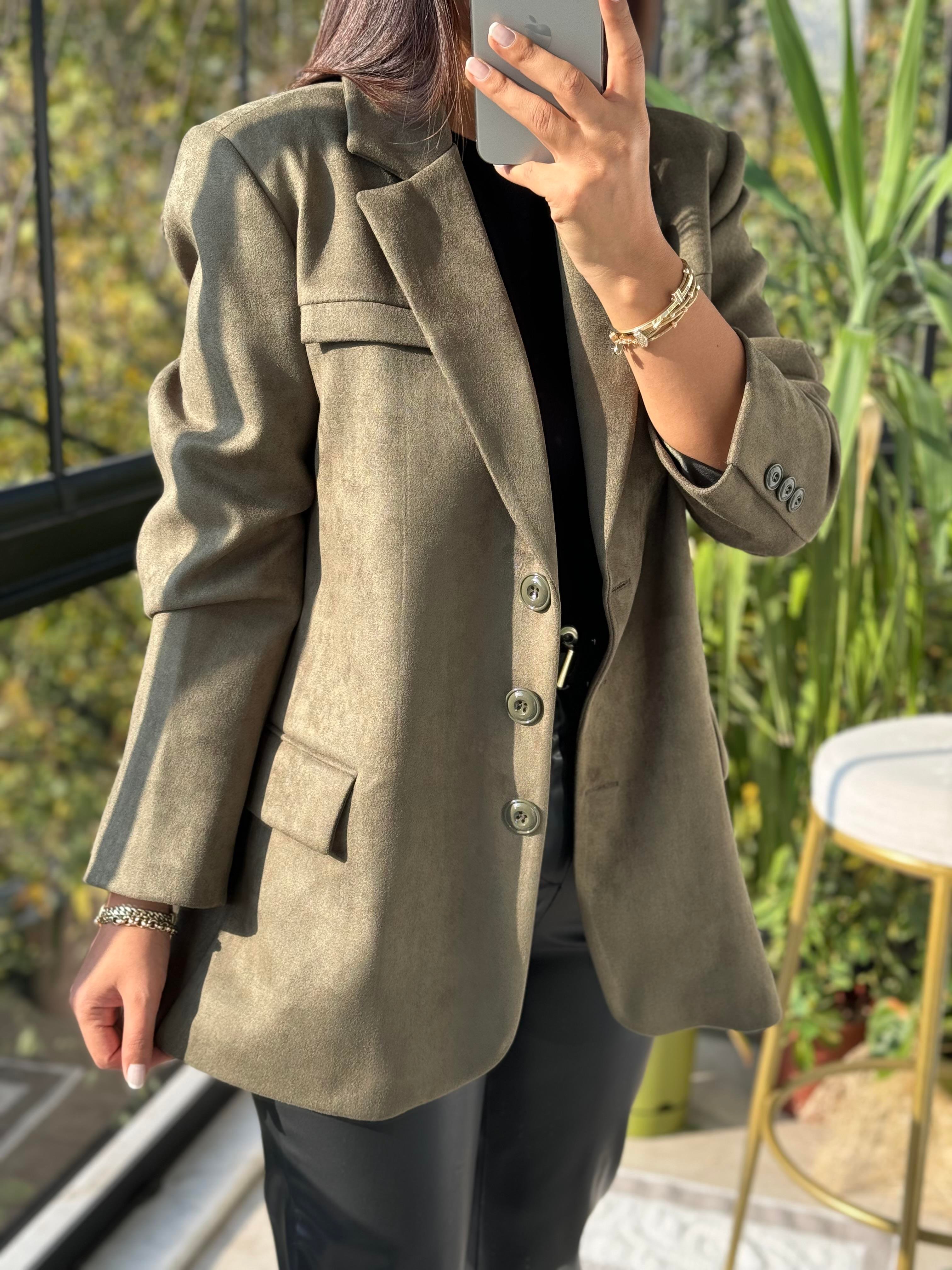 Süet 3 Düğme Blazer Ceket Yeşil