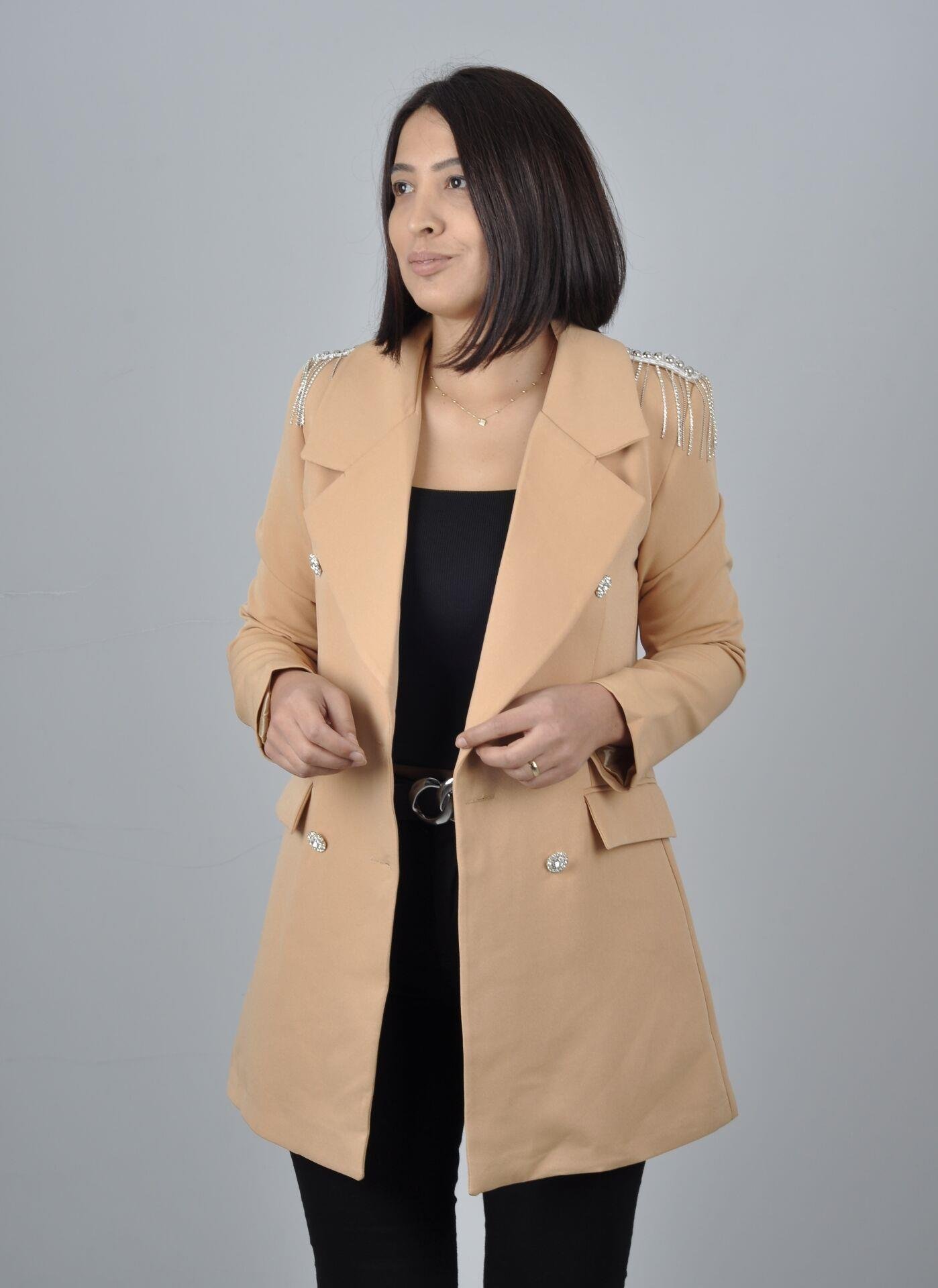 Sütlü Kahve Omuzları Taşlı Blazer Ceket