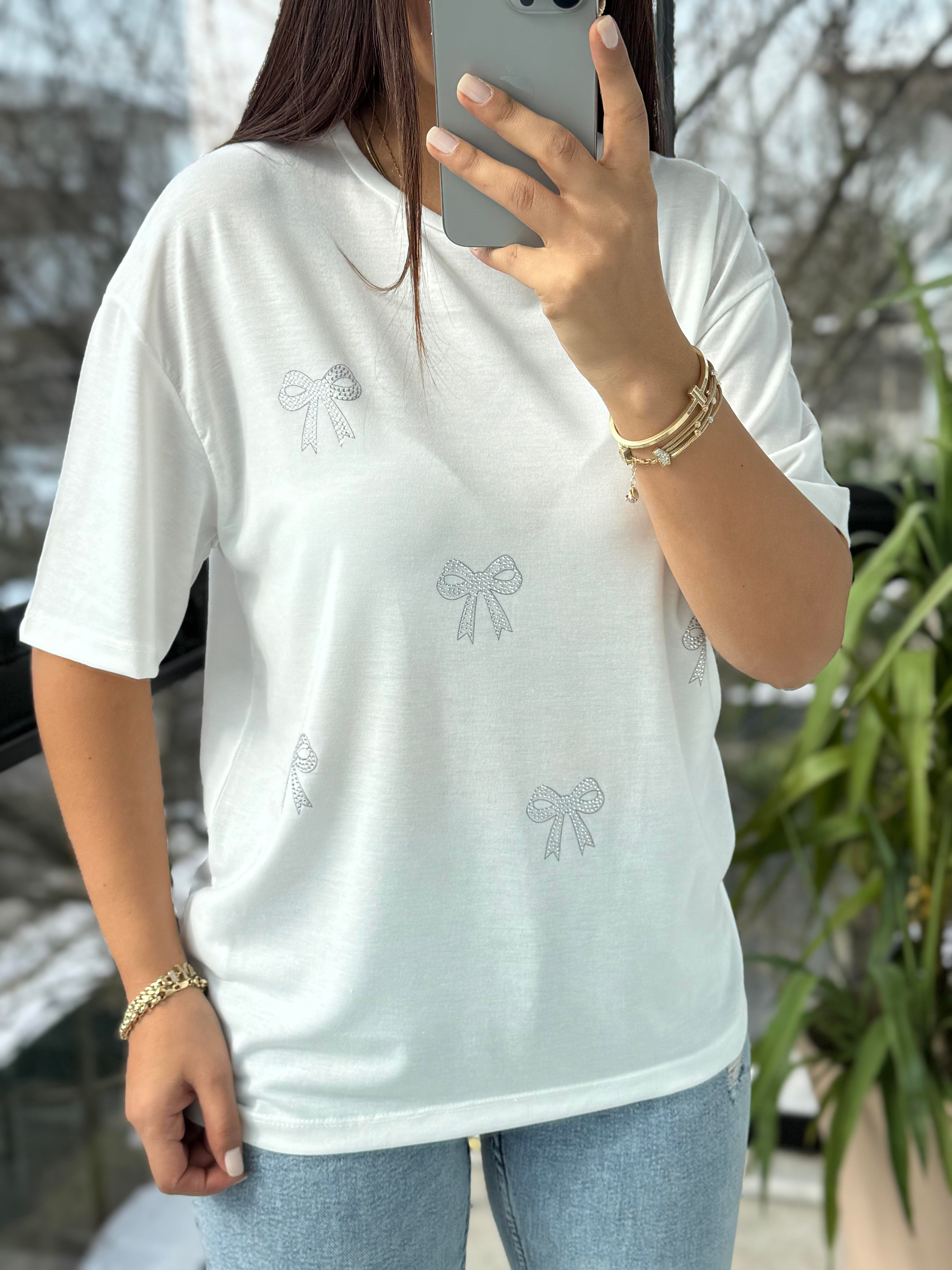 Taş Kurdeleli Tişört Ekru