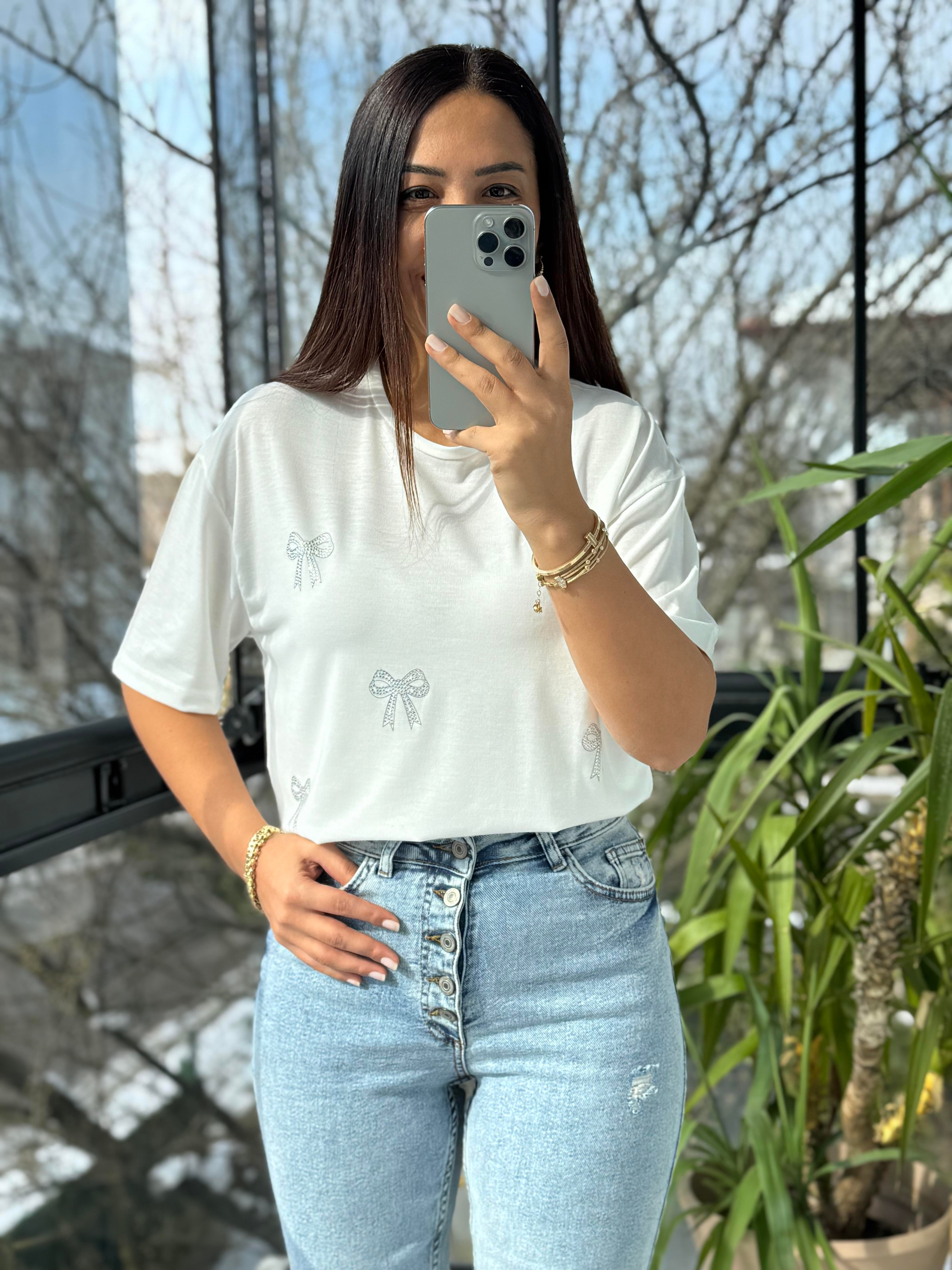 Taş Kurdeleli Tişört Ekru