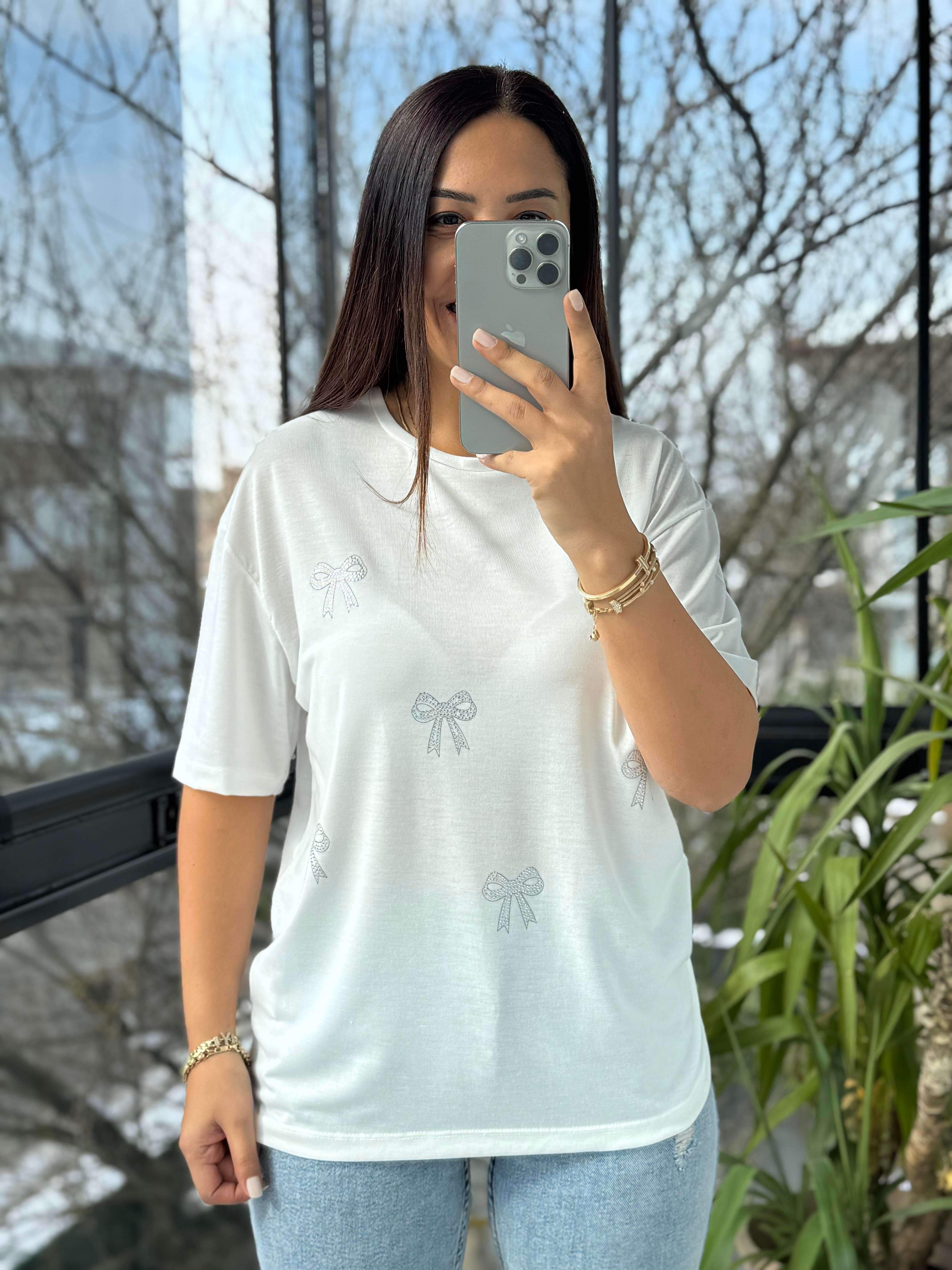 Taş Kurdeleli Tişört Ekru