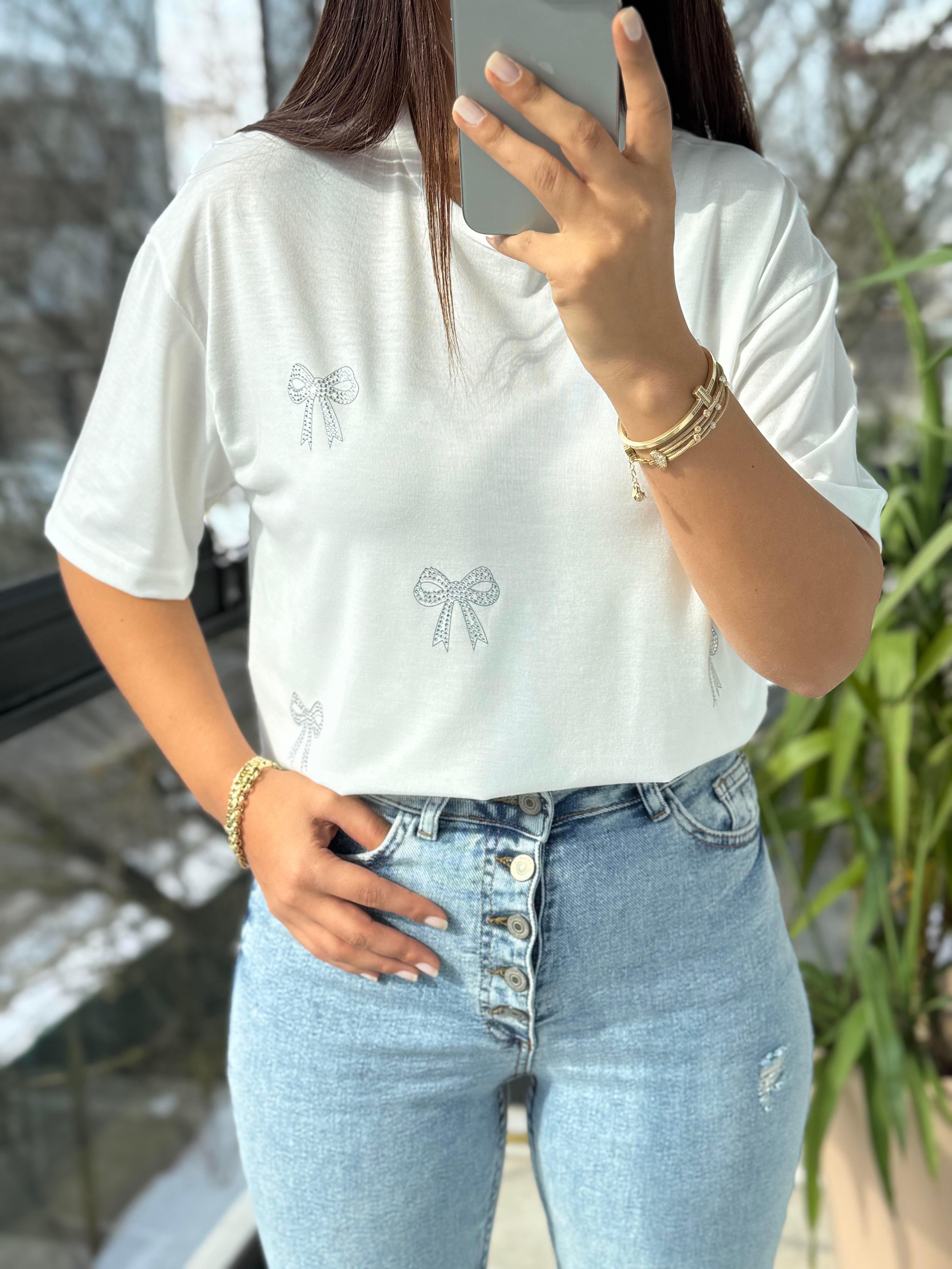 Taş Kurdeleli Tişört Ekru