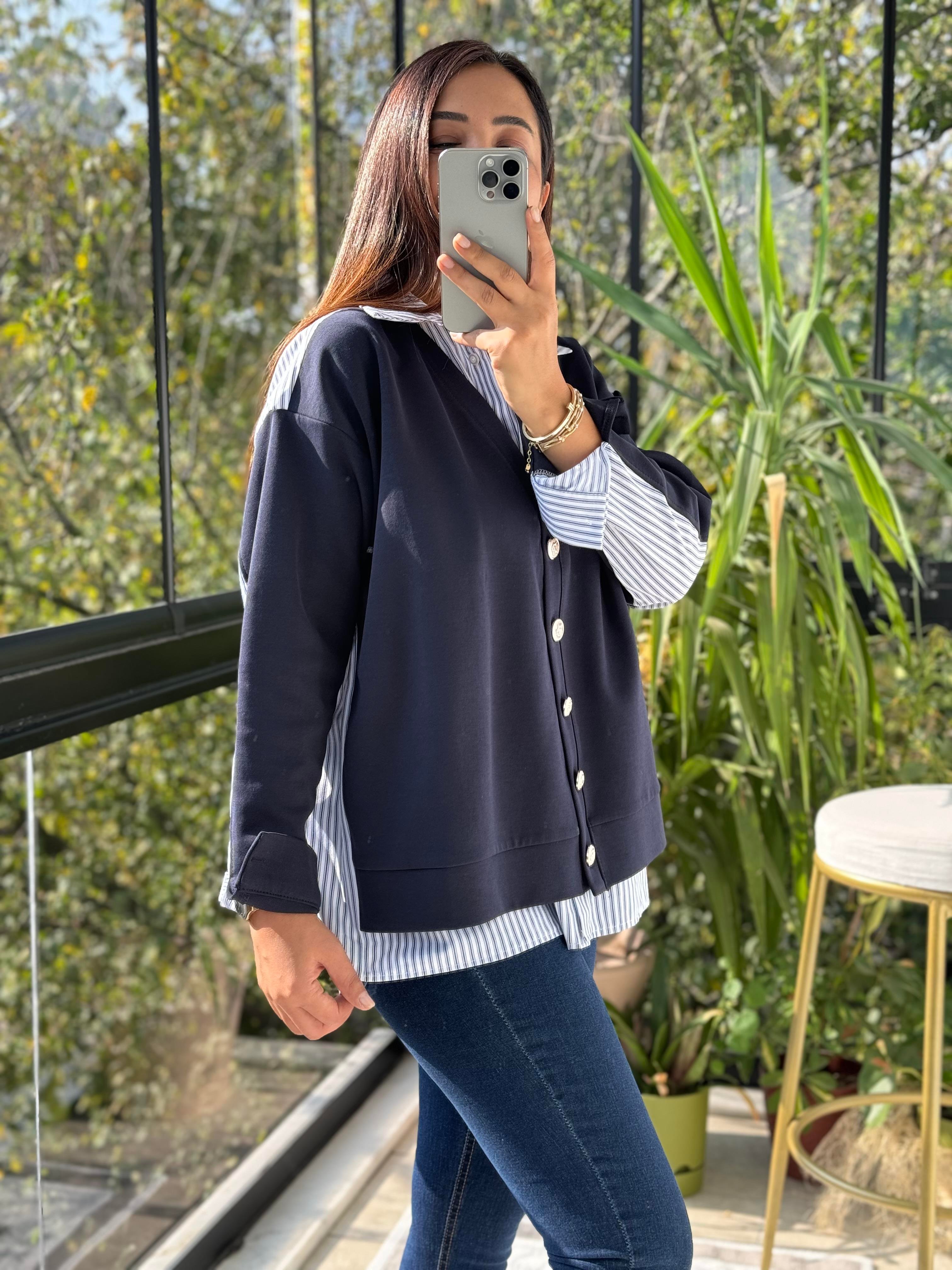 Tasarım Gömlekli Hırka Lacivert