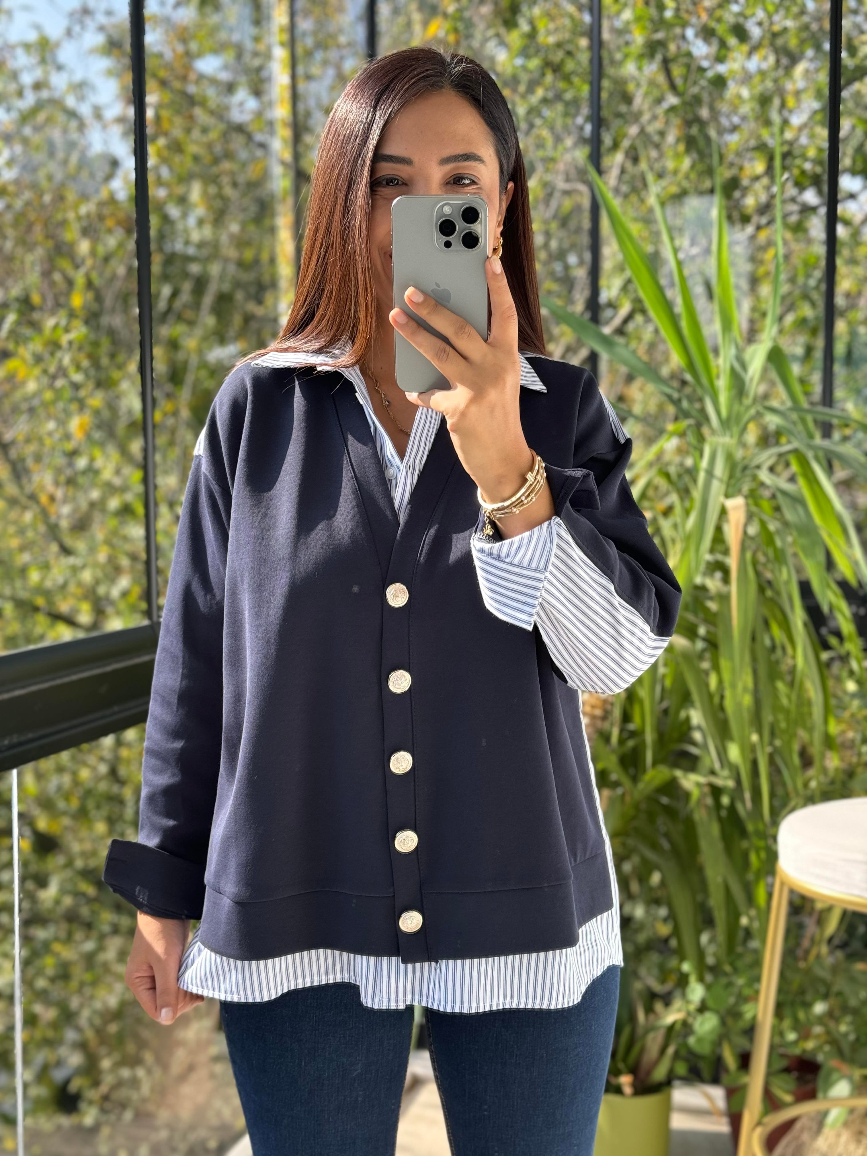 Tasarım Gömlekli Hırka Lacivert