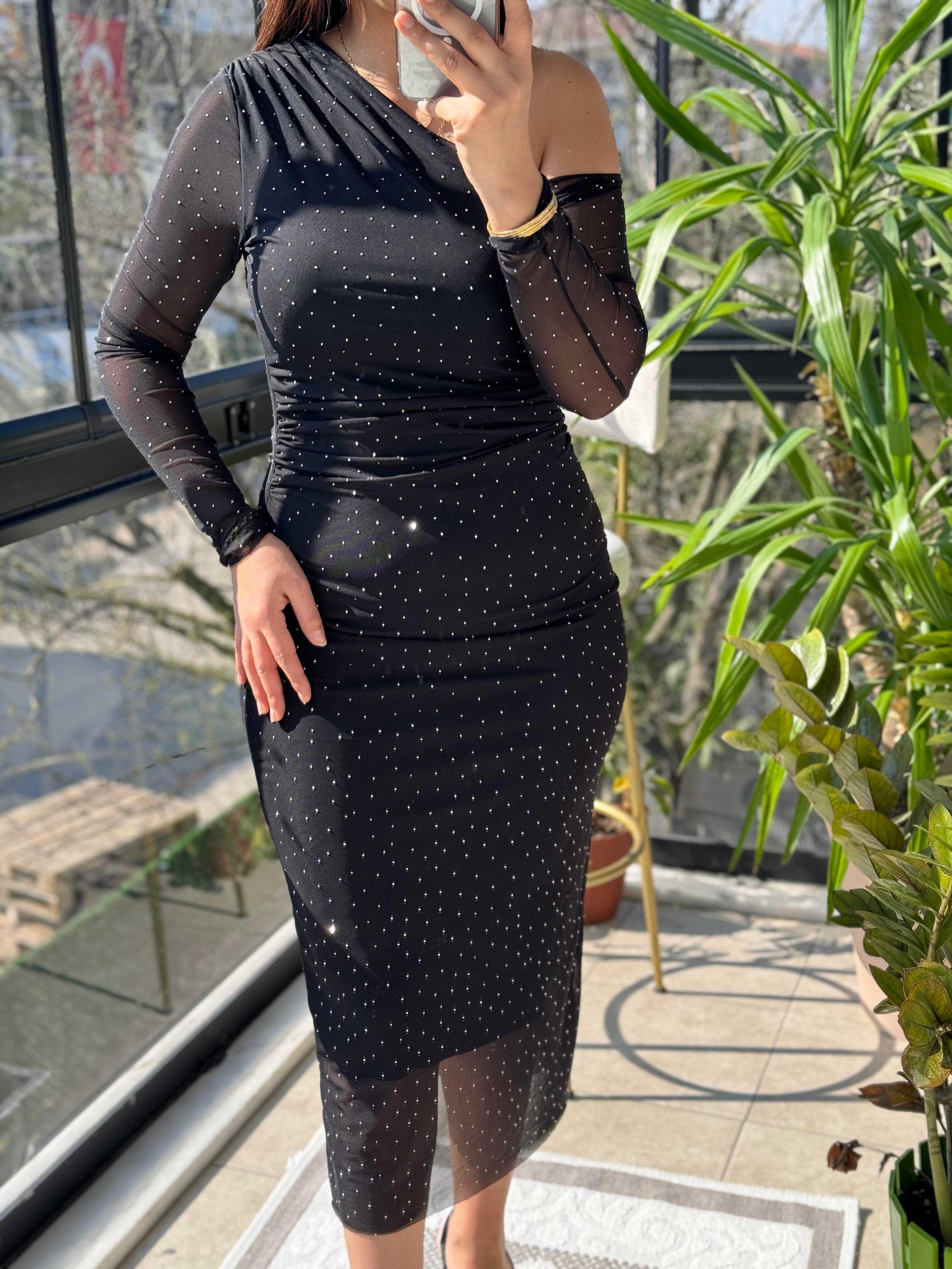 Taşlı Elbise Siyah