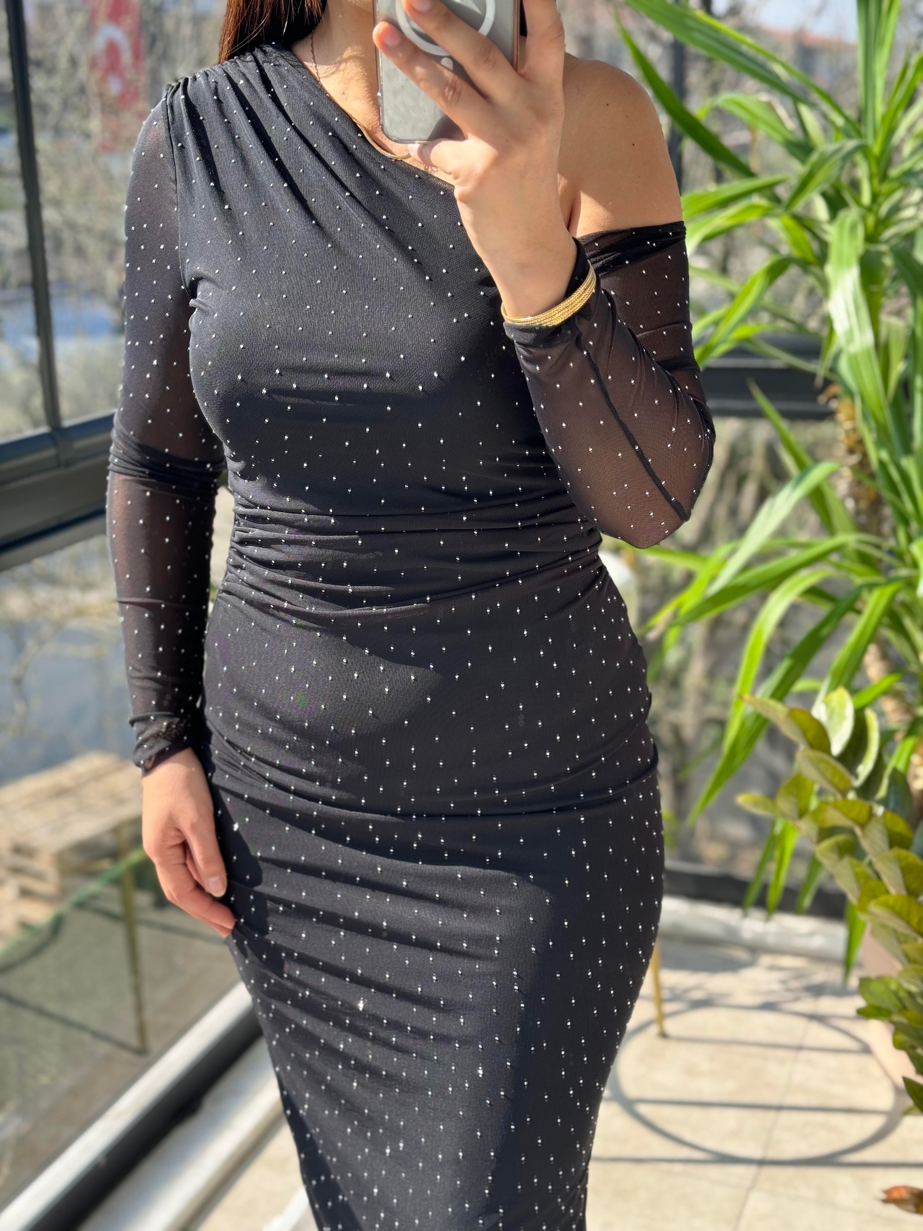 Taşlı Elbise Siyah