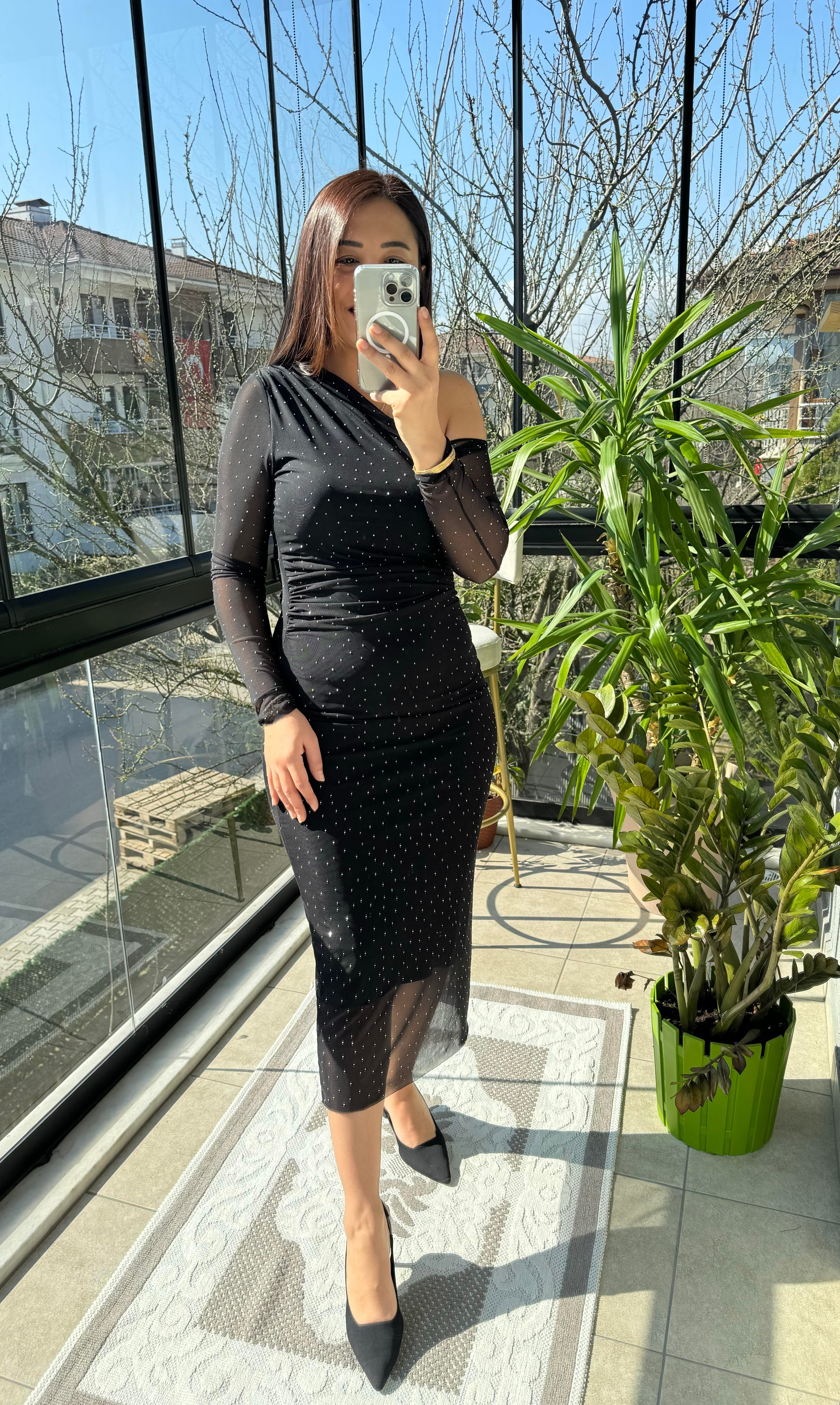 Taşlı Elbise Siyah