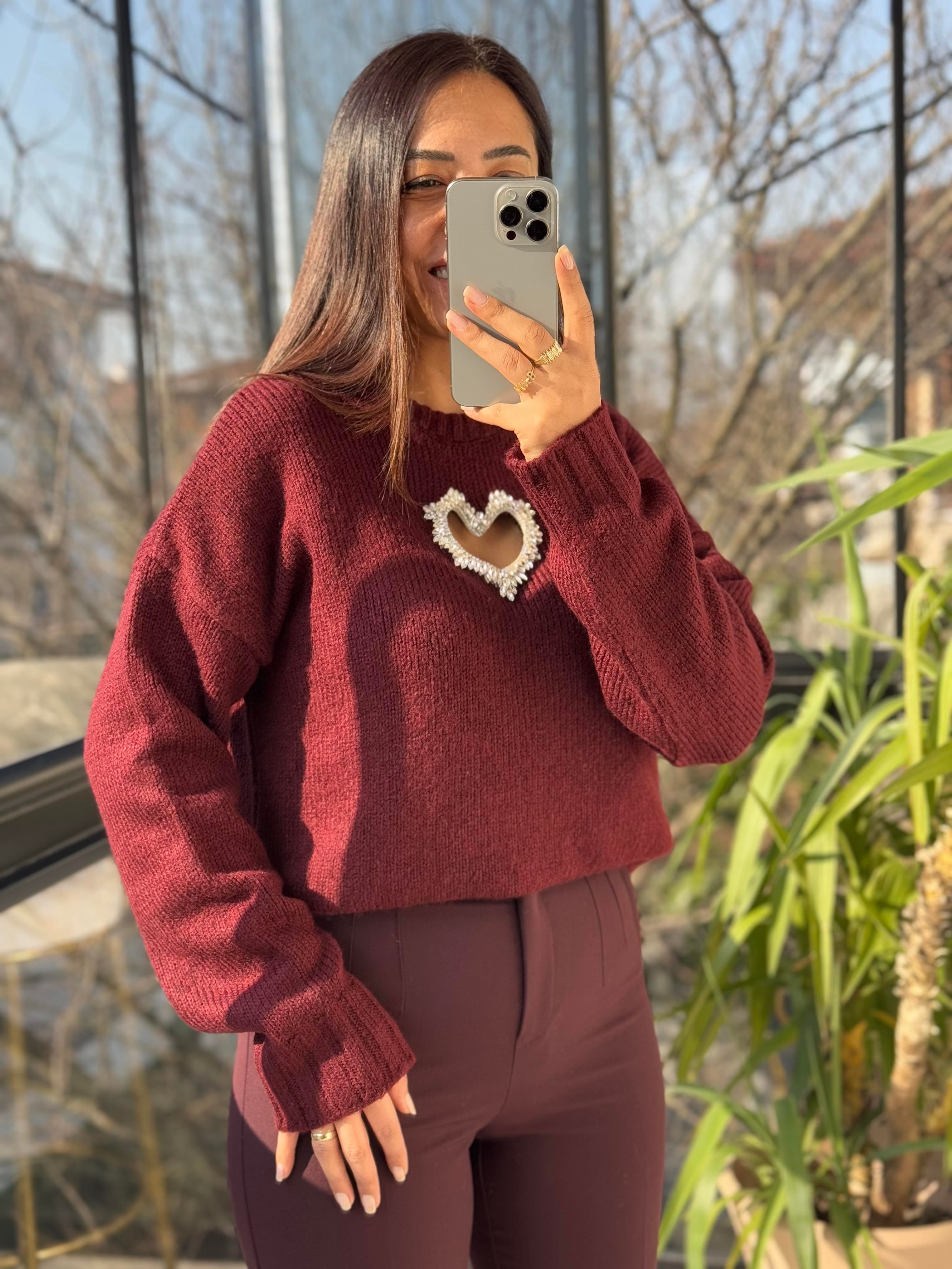 Taşlı Kalp Kazak Bordo