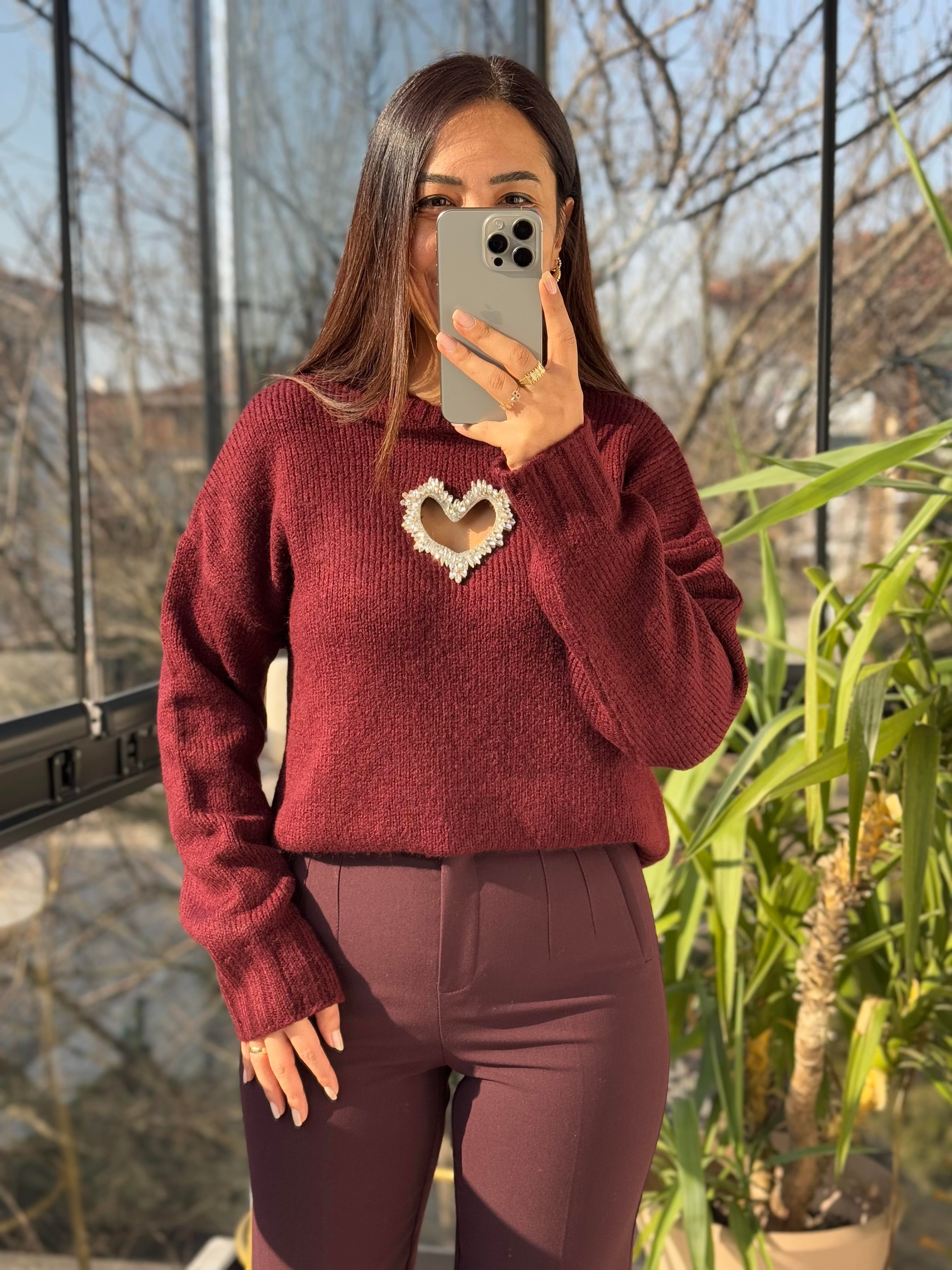 Taşlı Kalp Kazak Bordo