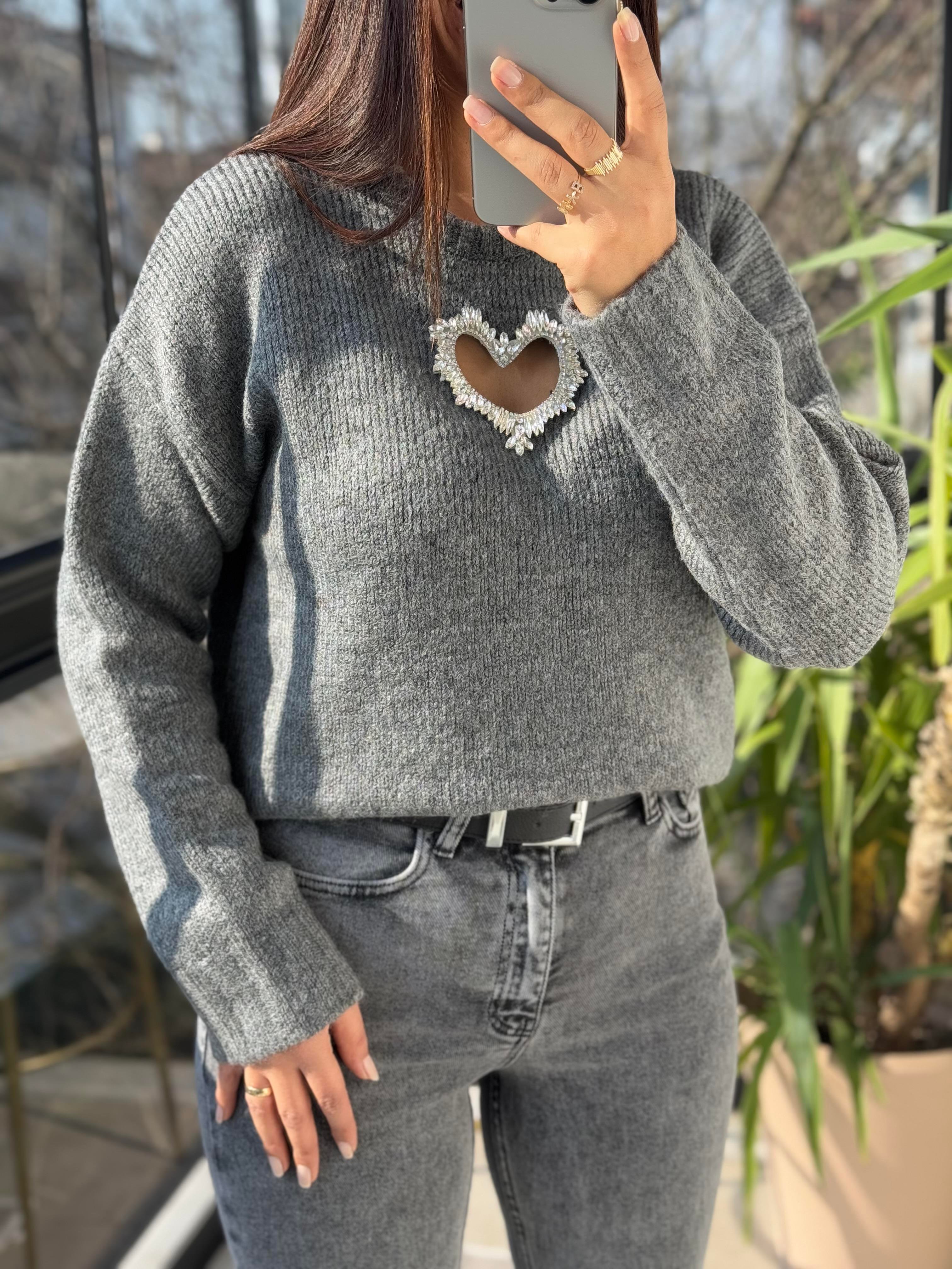 Taşlı Kalp Kazak Gri