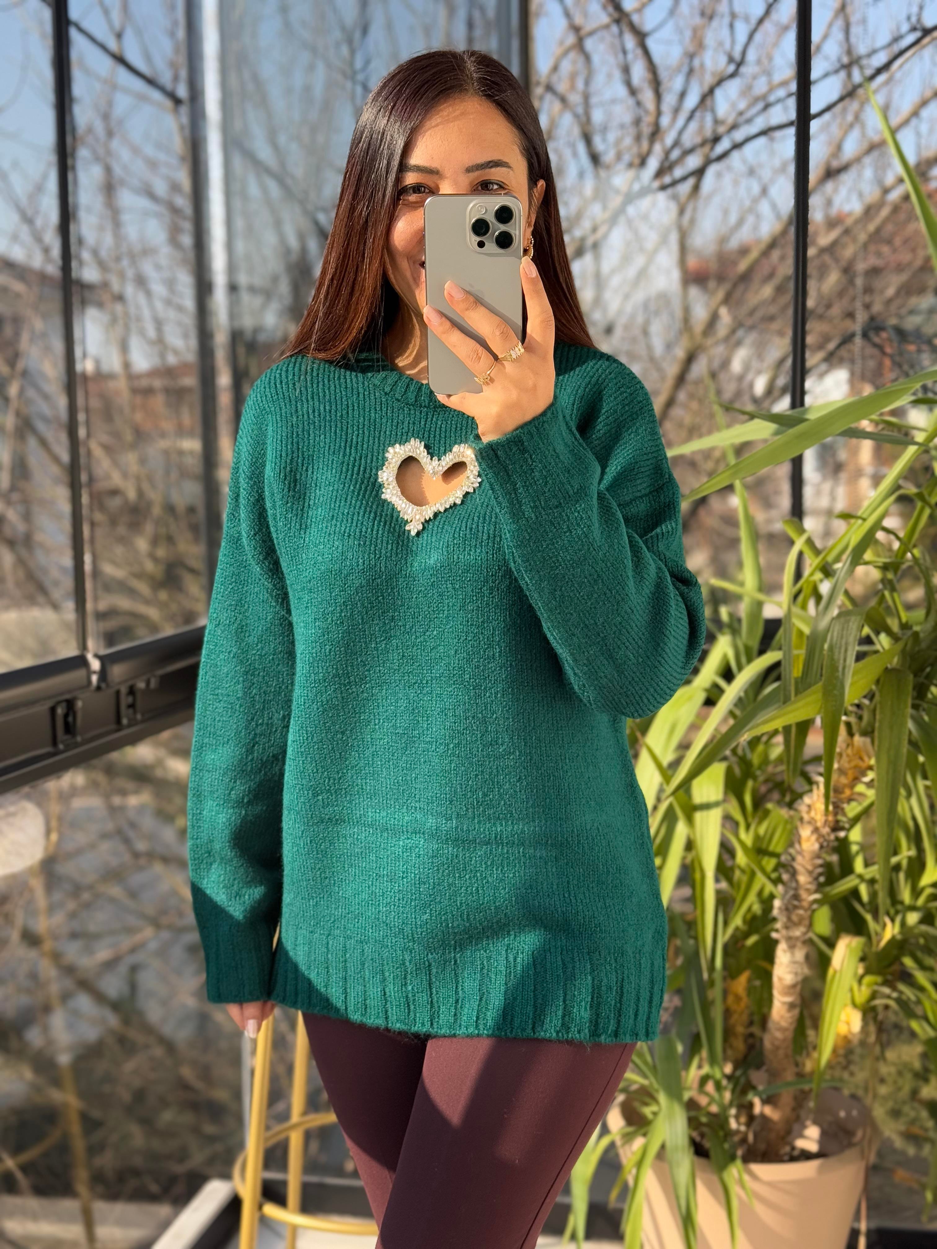 Taşlı Kalp Kazak Yeşil